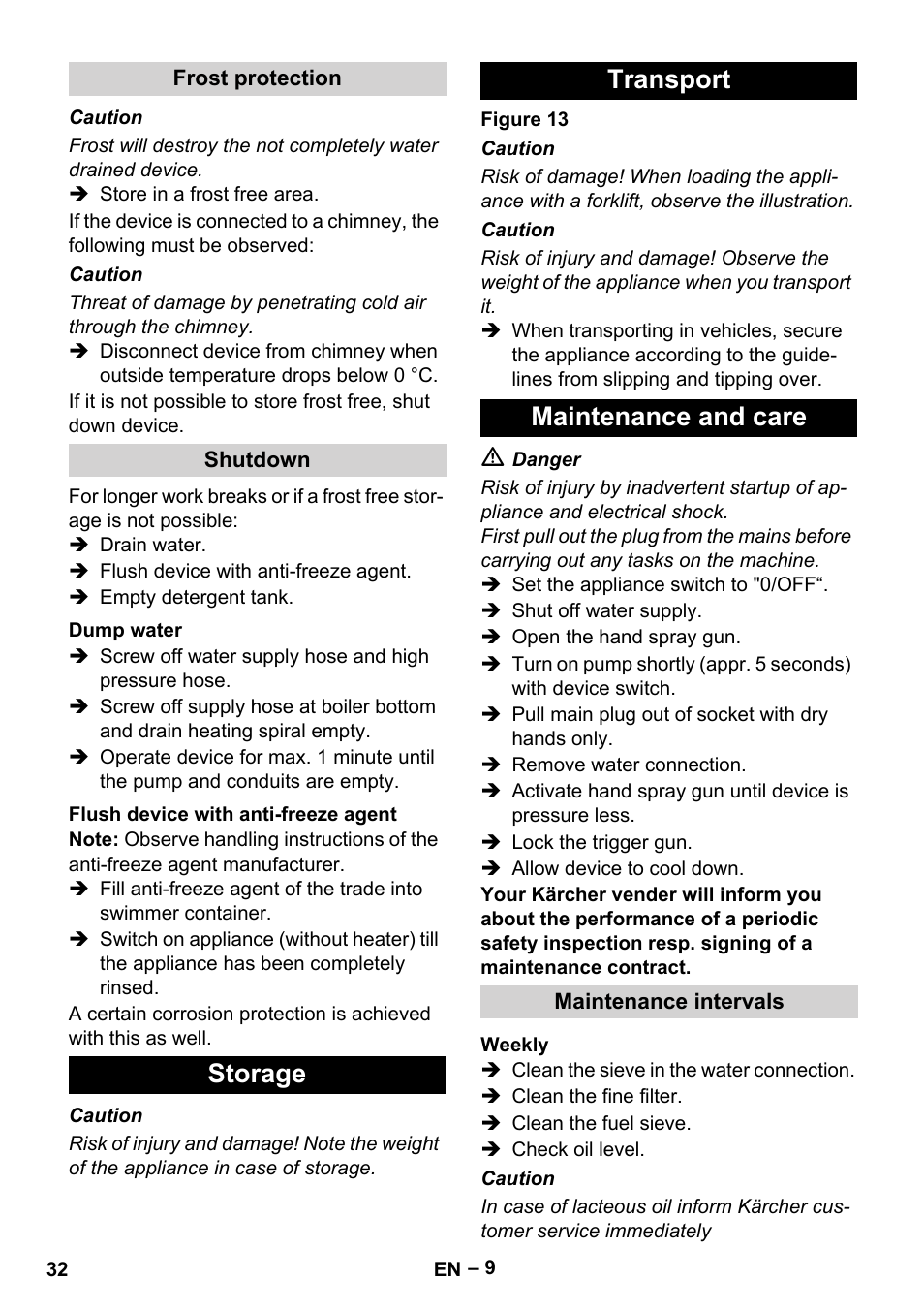 Storage transport maintenance and care | Karcher Nettoyeur haute pression HDS 8-18-4 C Classic User Manual | Page 32 / 460