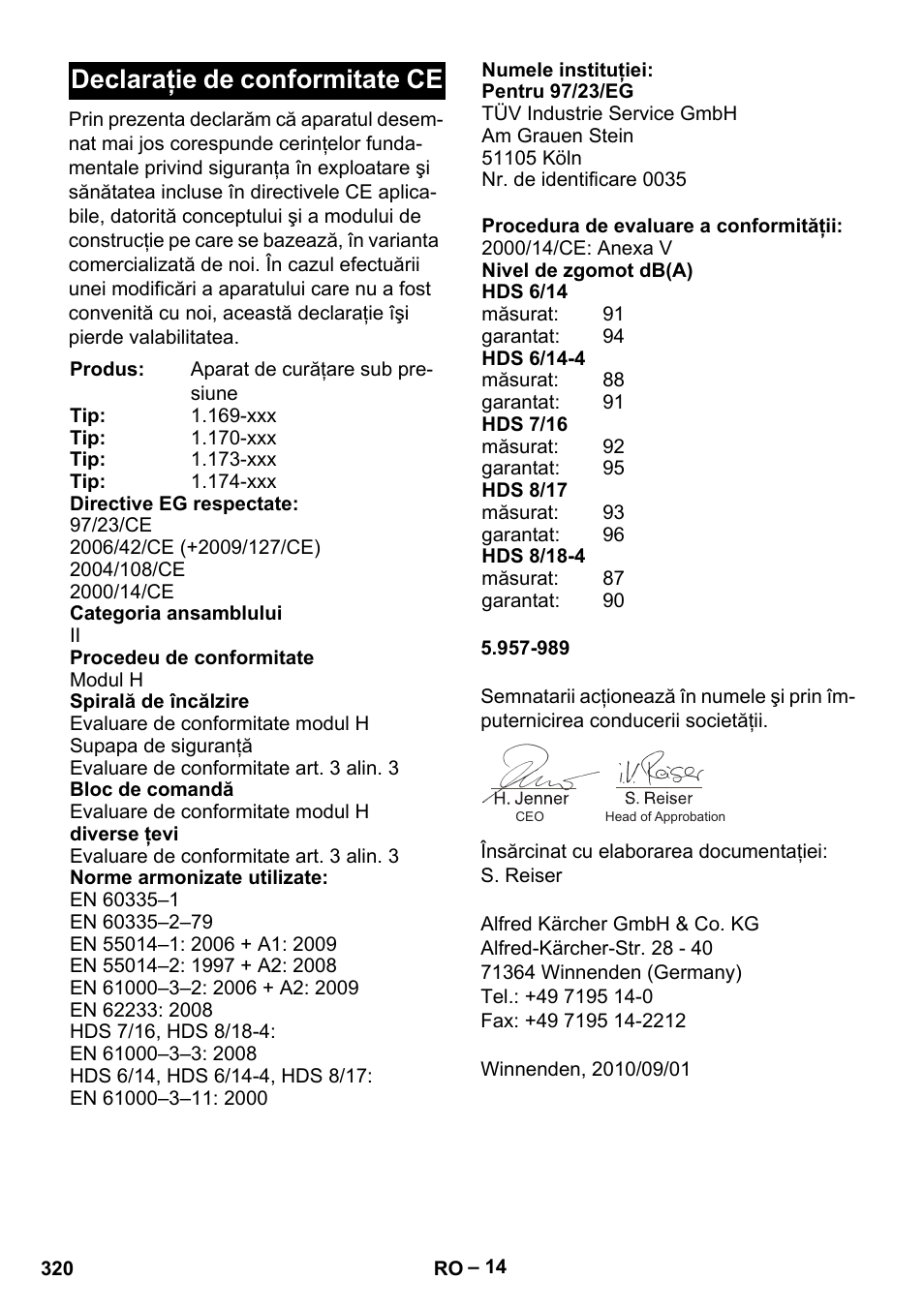Declaraţie de conformitate ce | Karcher Nettoyeur haute pression HDS 8-18-4 C Classic User Manual | Page 320 / 460