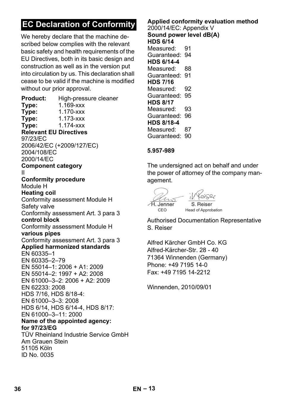 Ec declaration of conformity | Karcher Nettoyeur haute pression HDS 8-18-4 C Classic User Manual | Page 36 / 460