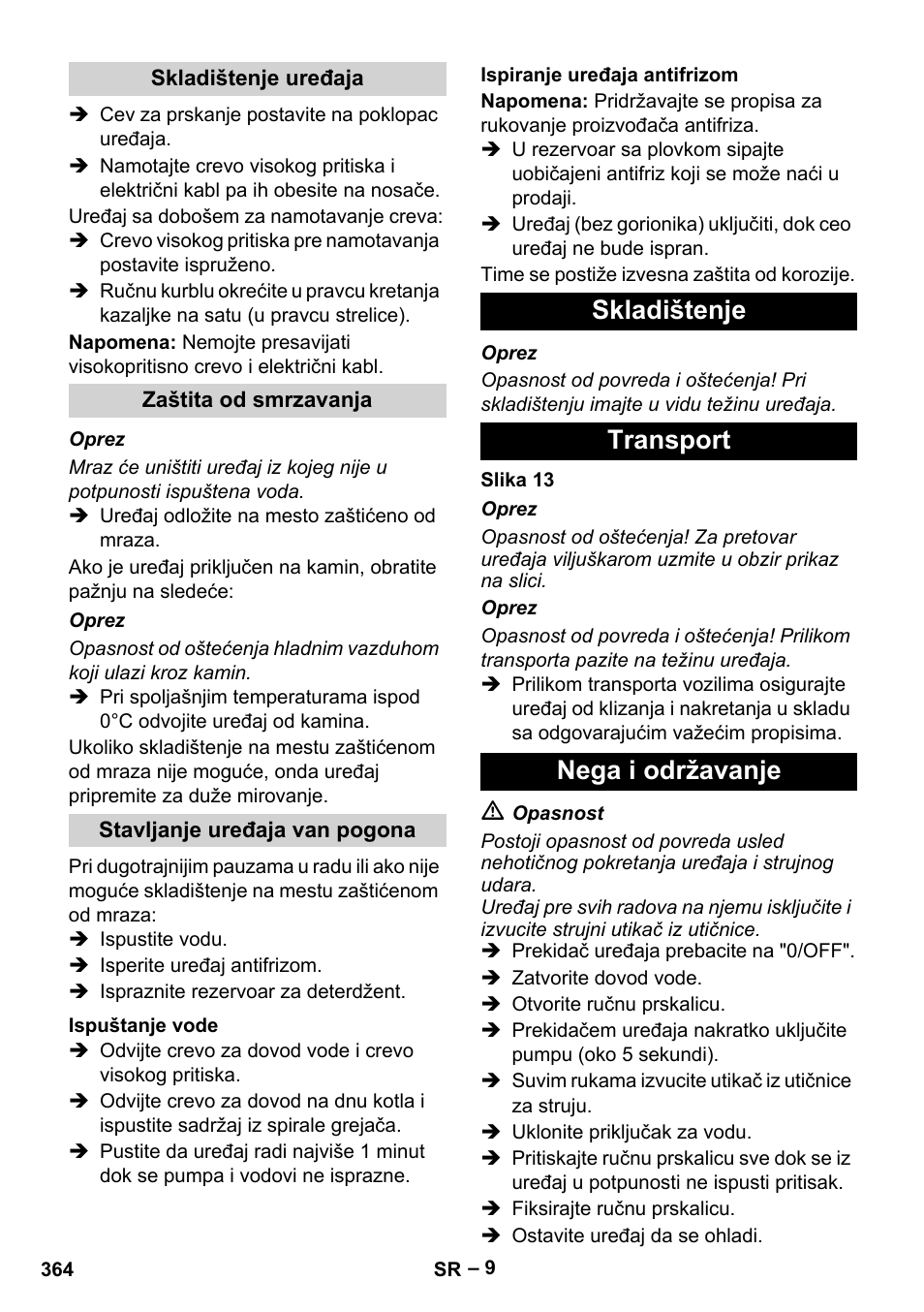 Skladištenje transport nega i održavanje | Karcher Nettoyeur haute pression HDS 8-18-4 C Classic User Manual | Page 364 / 460