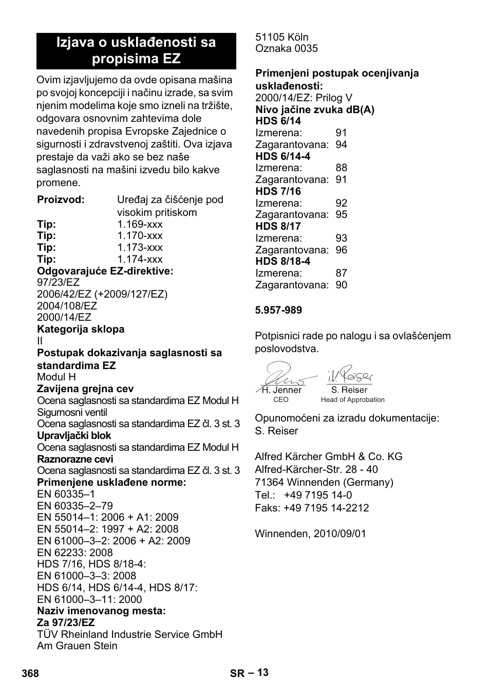 Izjava o usklađenosti sa propisima ez | Karcher Nettoyeur haute pression HDS 8-18-4 C Classic User Manual | Page 368 / 460