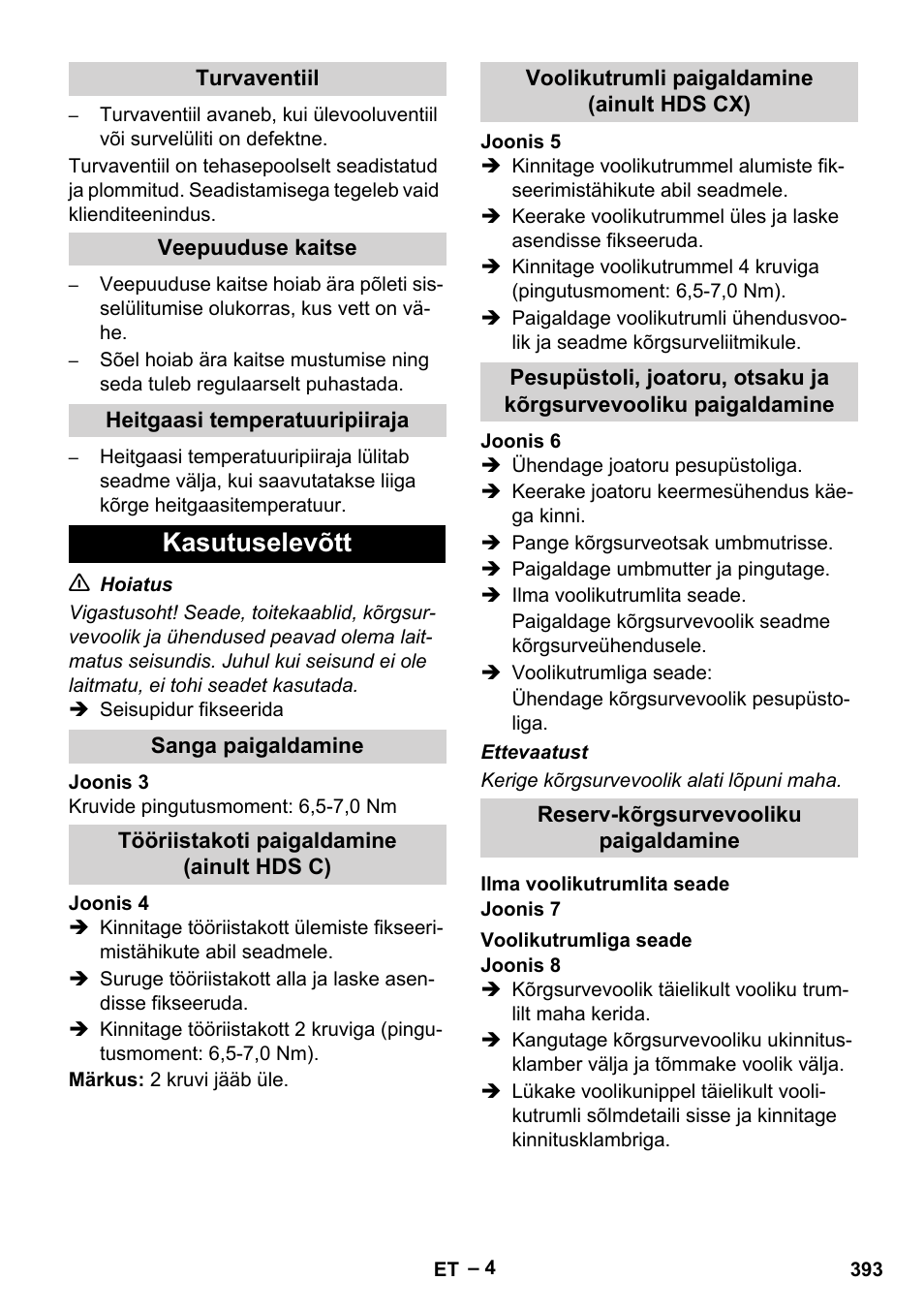 Kasutuselevõtt | Karcher Nettoyeur haute pression HDS 8-18-4 C Classic User Manual | Page 393 / 460