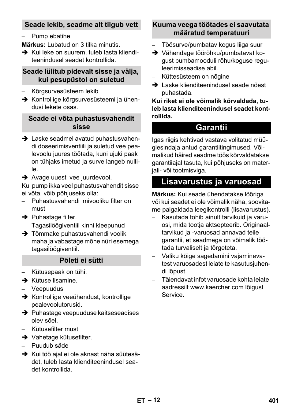 Garantii lisavarustus ja varuosad | Karcher Nettoyeur haute pression HDS 8-18-4 C Classic User Manual | Page 401 / 460