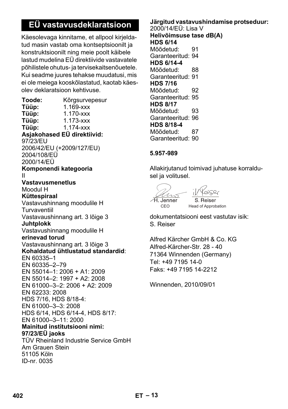 Eü vastavusdeklaratsioon | Karcher Nettoyeur haute pression HDS 8-18-4 C Classic User Manual | Page 402 / 460