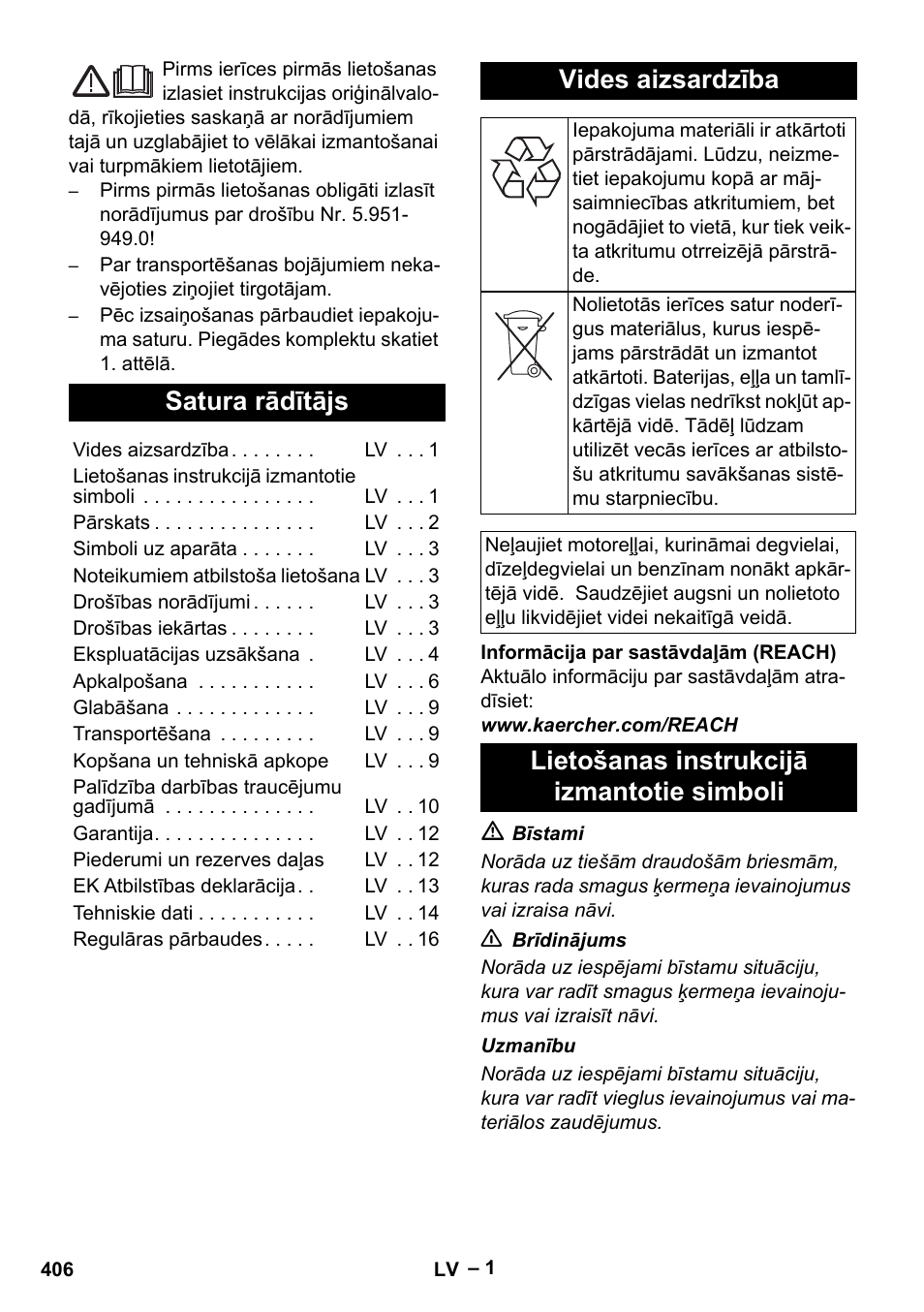 Latviešu, Satura rādītājs, Vides aizsardzība | Lietošanas instrukcijā izmantotie simboli | Karcher Nettoyeur haute pression HDS 8-18-4 C Classic User Manual | Page 406 / 460