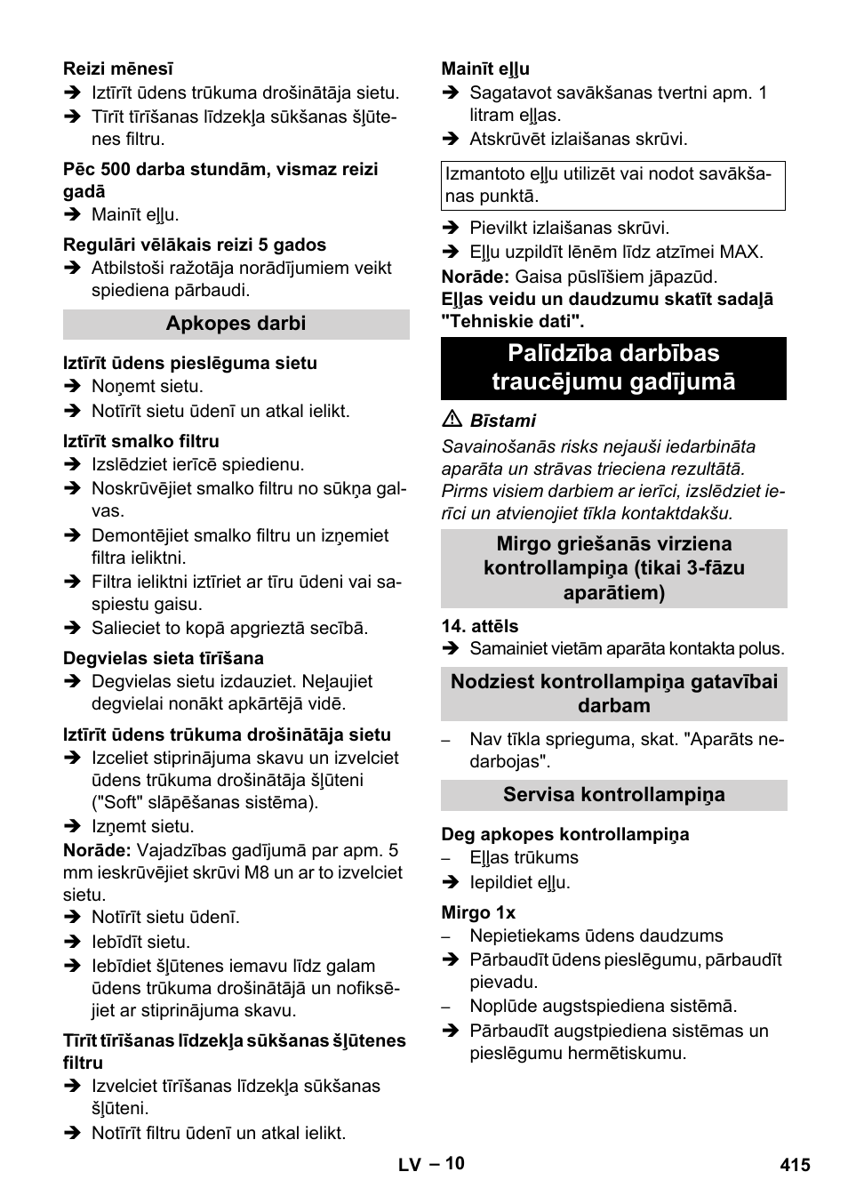 Palīdzība darbības traucējumu gadījumā | Karcher Nettoyeur haute pression HDS 8-18-4 C Classic User Manual | Page 415 / 460