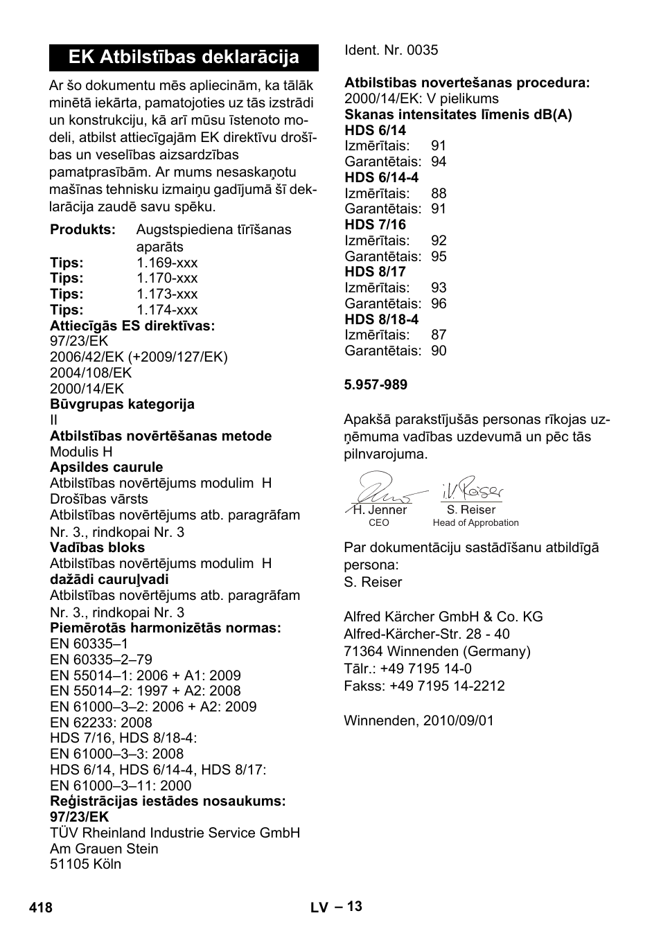 Ek atbilstības deklarācija | Karcher Nettoyeur haute pression HDS 8-18-4 C Classic User Manual | Page 418 / 460