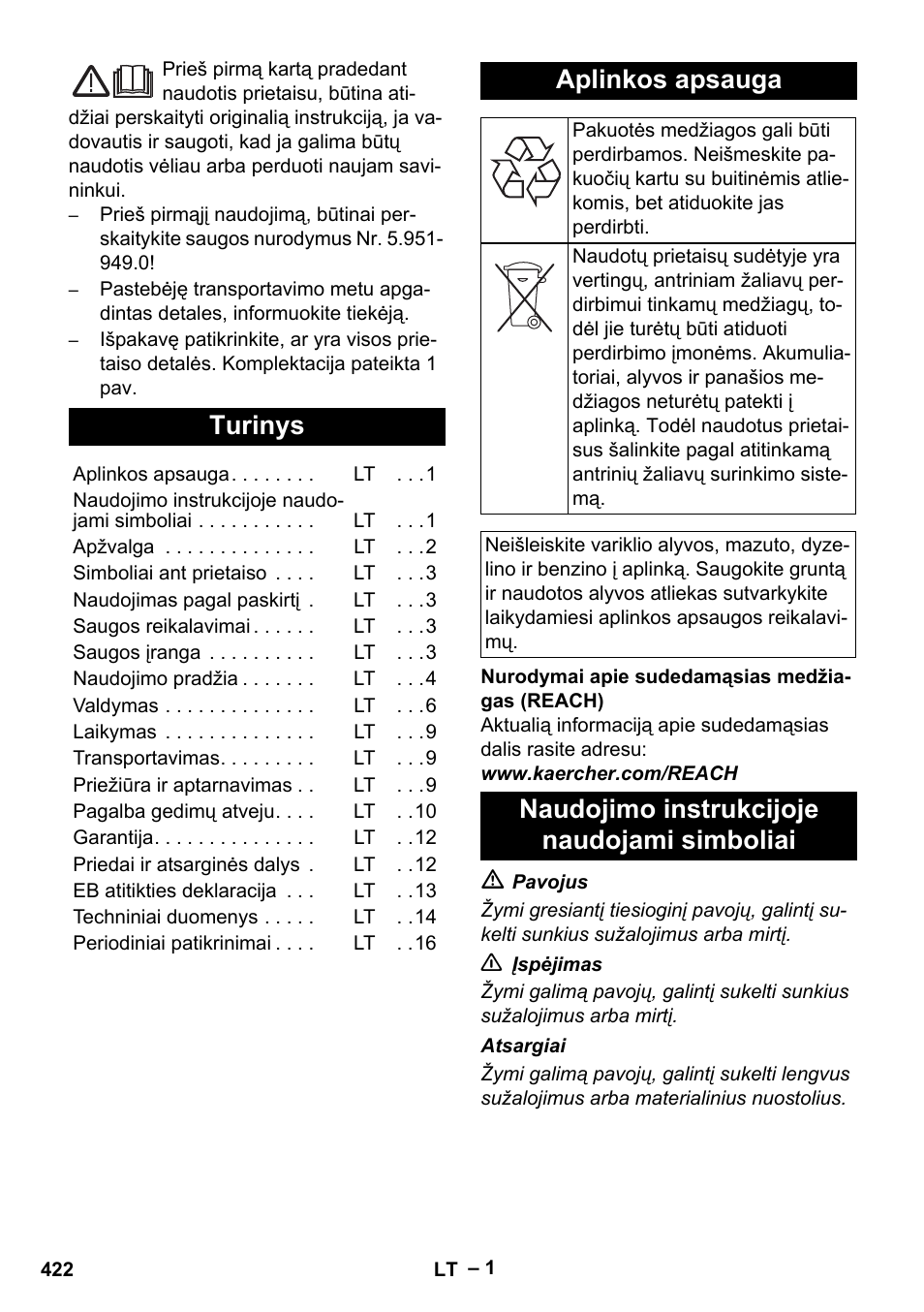 Lietuviškai, Turinys, Aplinkos apsauga | Naudojimo instrukcijoje naudojami simboliai | Karcher Nettoyeur haute pression HDS 8-18-4 C Classic User Manual | Page 422 / 460