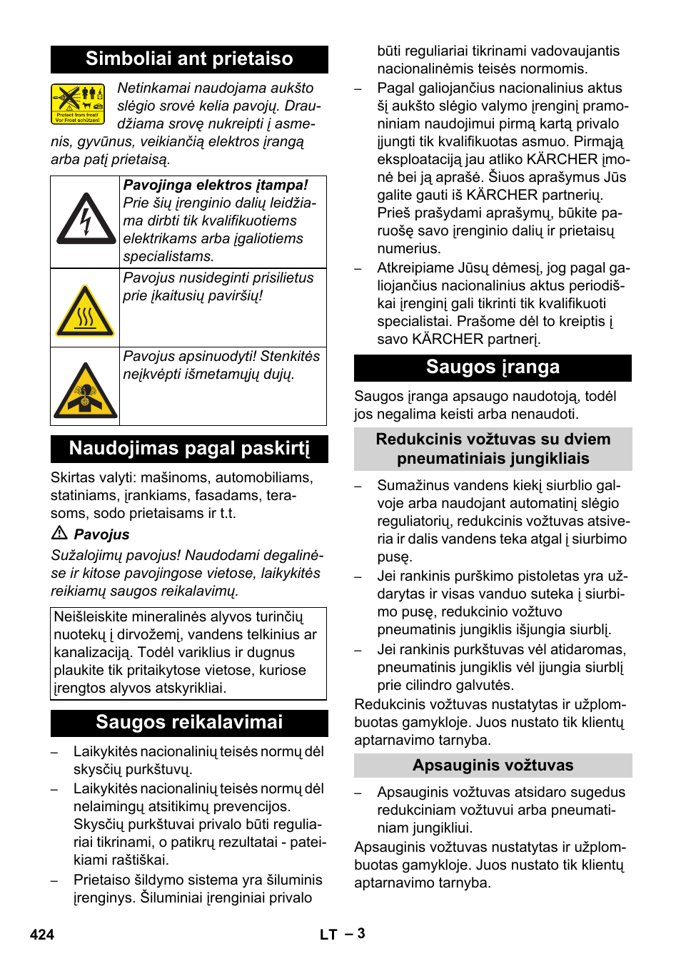 Simboliai ant prietaiso, Naudojimas pagal paskirtį, Saugos reikalavimai saugos įranga | Karcher Nettoyeur haute pression HDS 8-18-4 C Classic User Manual | Page 424 / 460