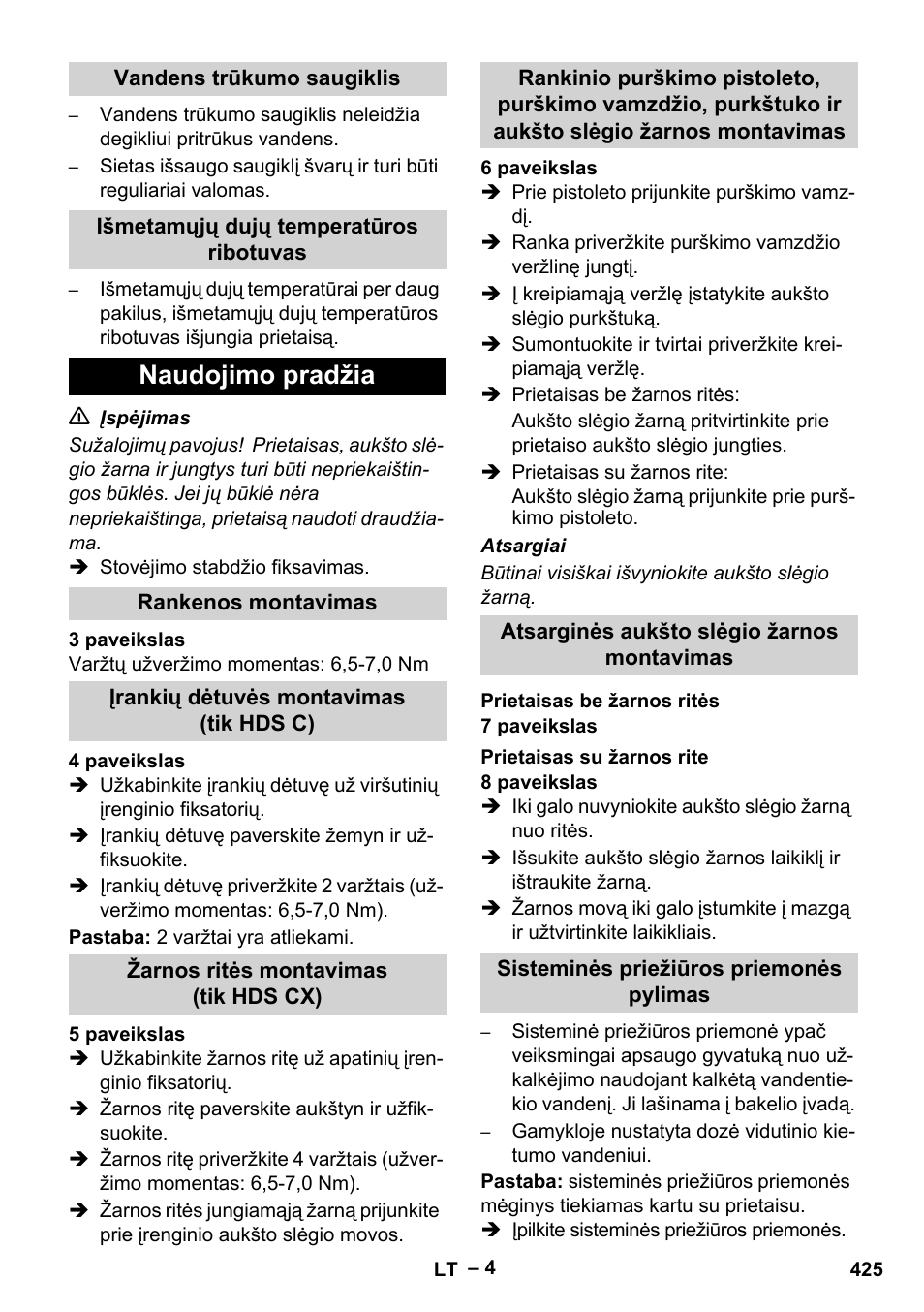 Naudojimo pradžia | Karcher Nettoyeur haute pression HDS 8-18-4 C Classic User Manual | Page 425 / 460