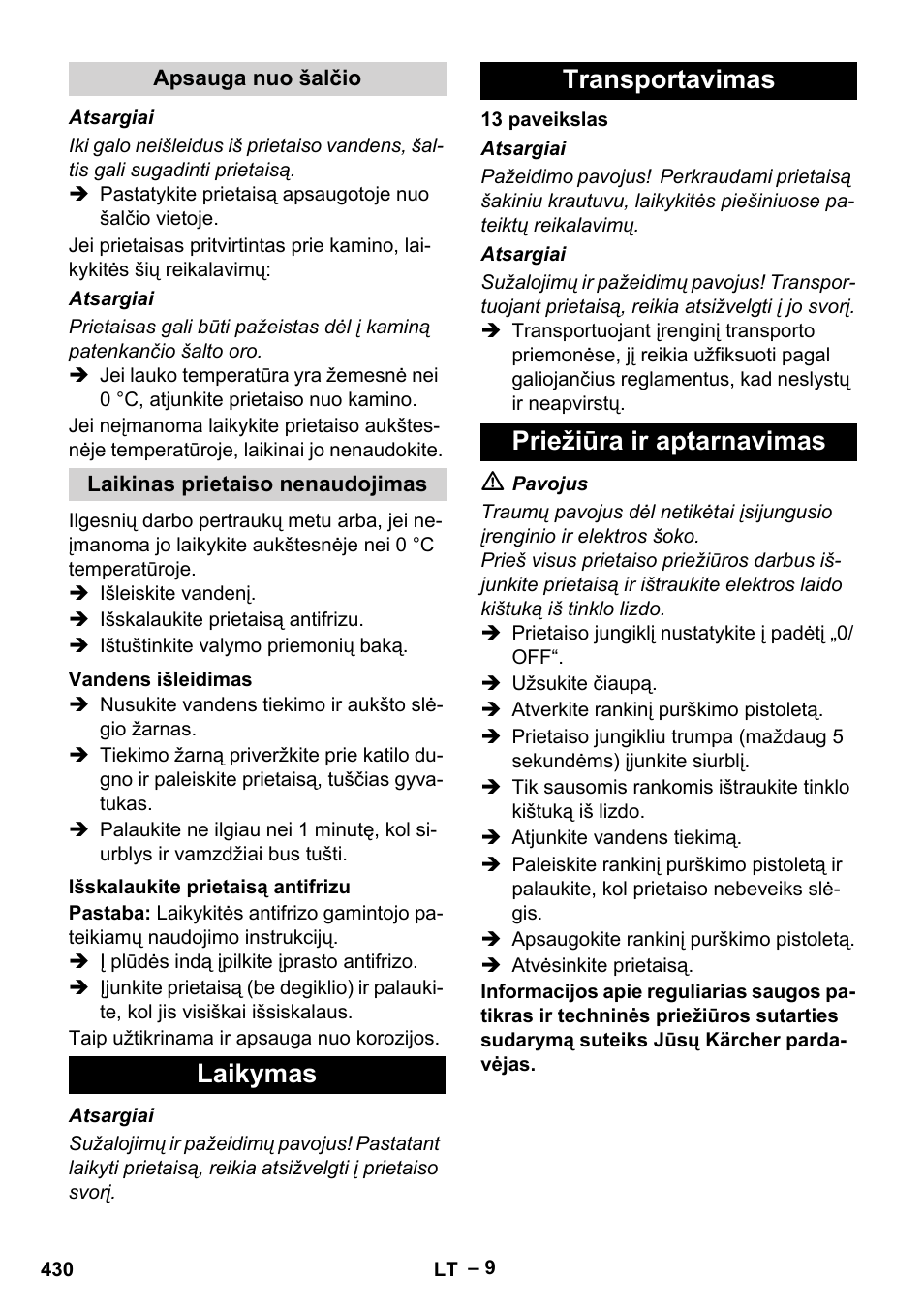 Laikymas transportavimas priežiūra ir aptarnavimas | Karcher Nettoyeur haute pression HDS 8-18-4 C Classic User Manual | Page 430 / 460