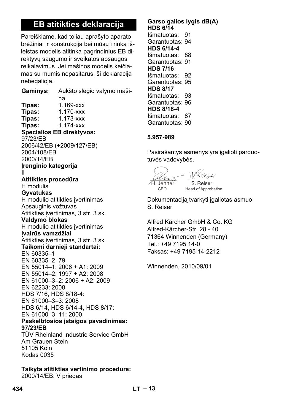 Eb atitikties deklaracija | Karcher Nettoyeur haute pression HDS 8-18-4 C Classic User Manual | Page 434 / 460