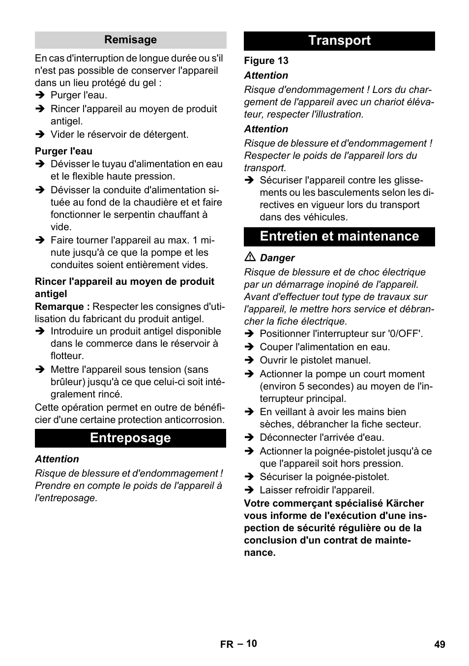 Entreposage transport entretien et maintenance | Karcher Nettoyeur haute pression HDS 8-18-4 C Classic User Manual | Page 49 / 460