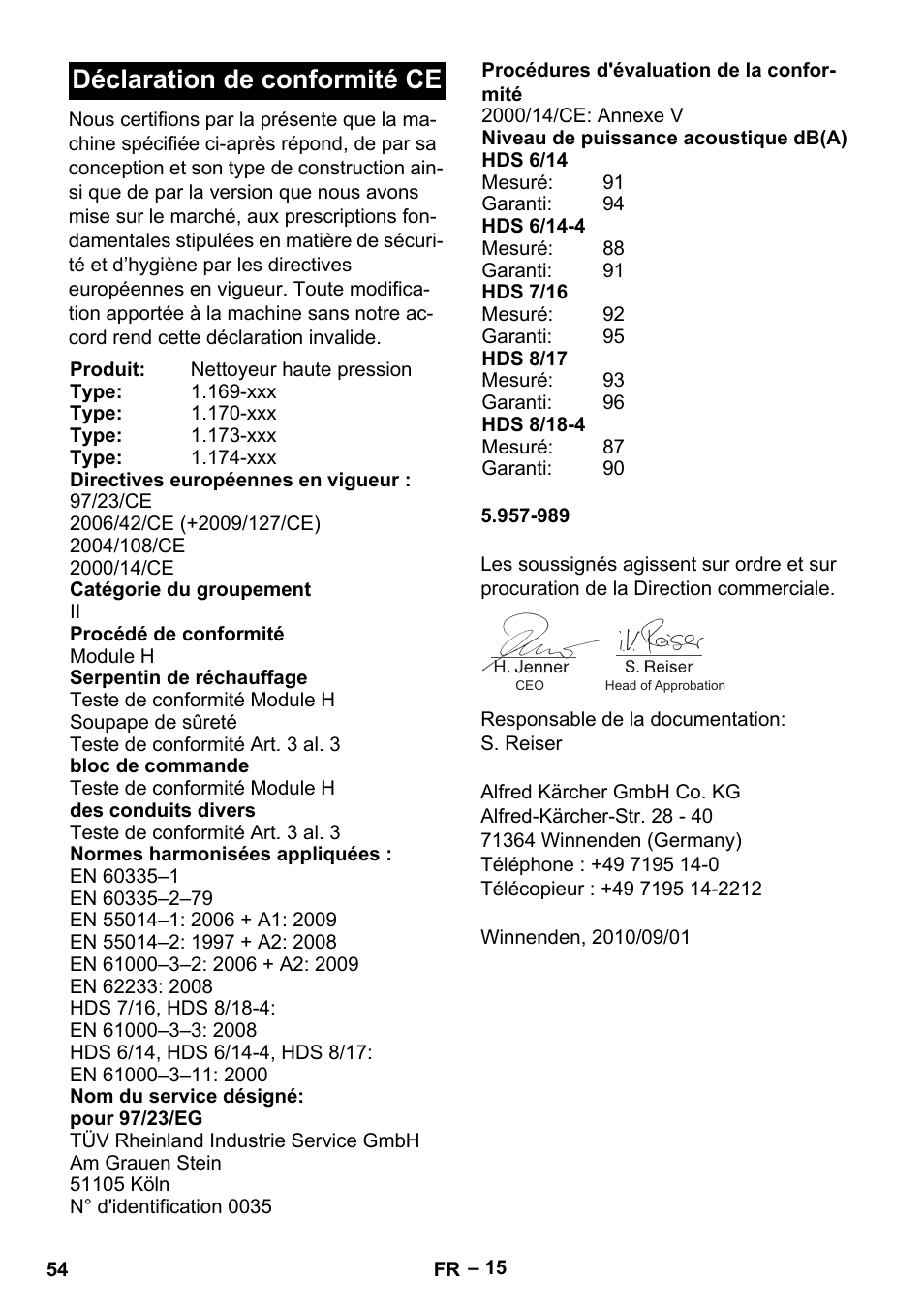 Déclaration de conformité ce | Karcher Nettoyeur haute pression HDS 8-18-4 C Classic User Manual | Page 54 / 460