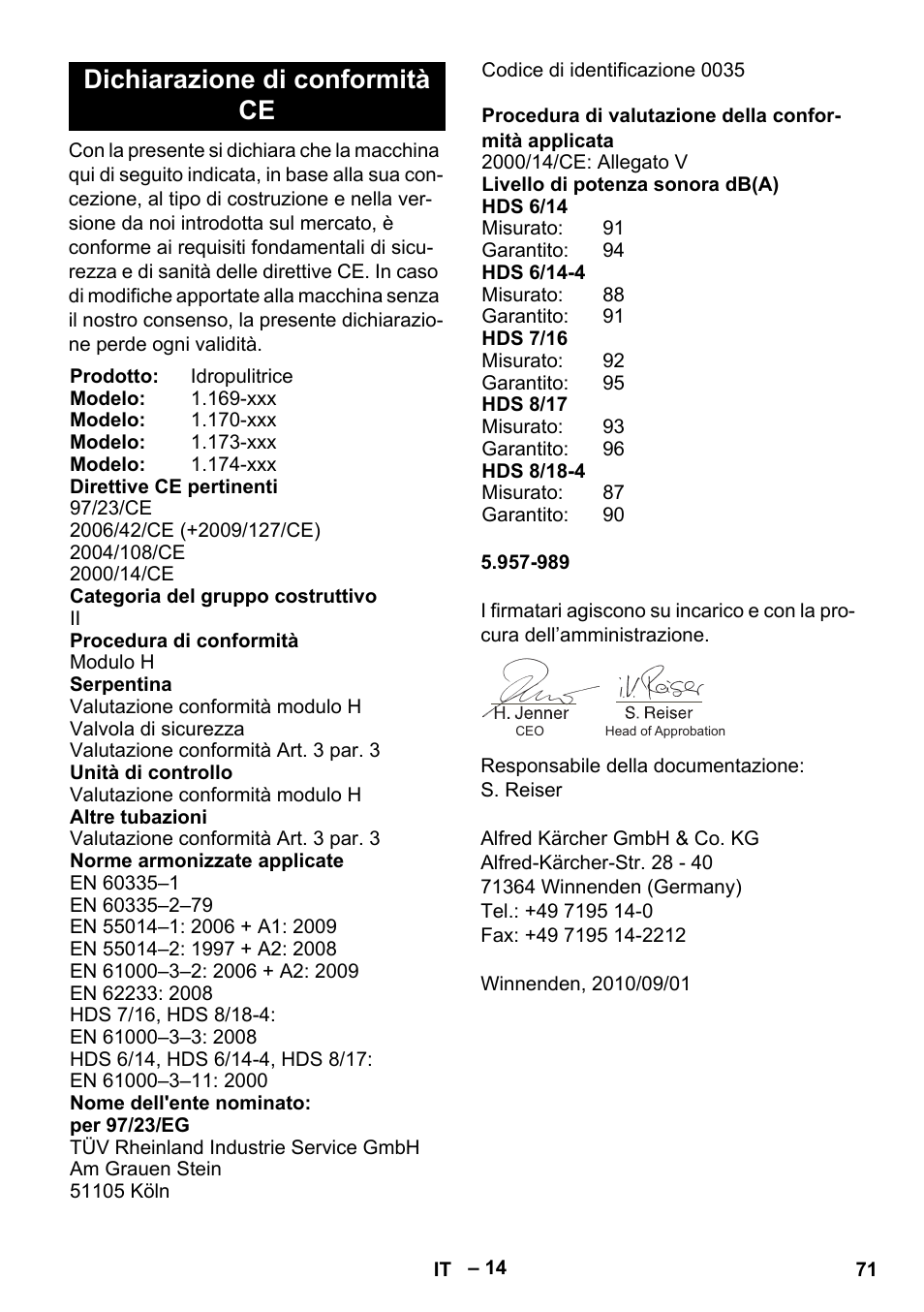 Dichiarazione di conformità ce | Karcher Nettoyeur haute pression HDS 8-18-4 C Classic User Manual | Page 71 / 460