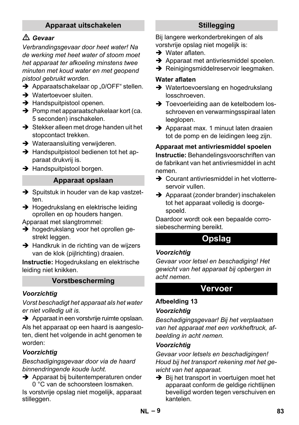 Opslag vervoer | Karcher Nettoyeur haute pression HDS 8-18-4 C Classic User Manual | Page 83 / 460