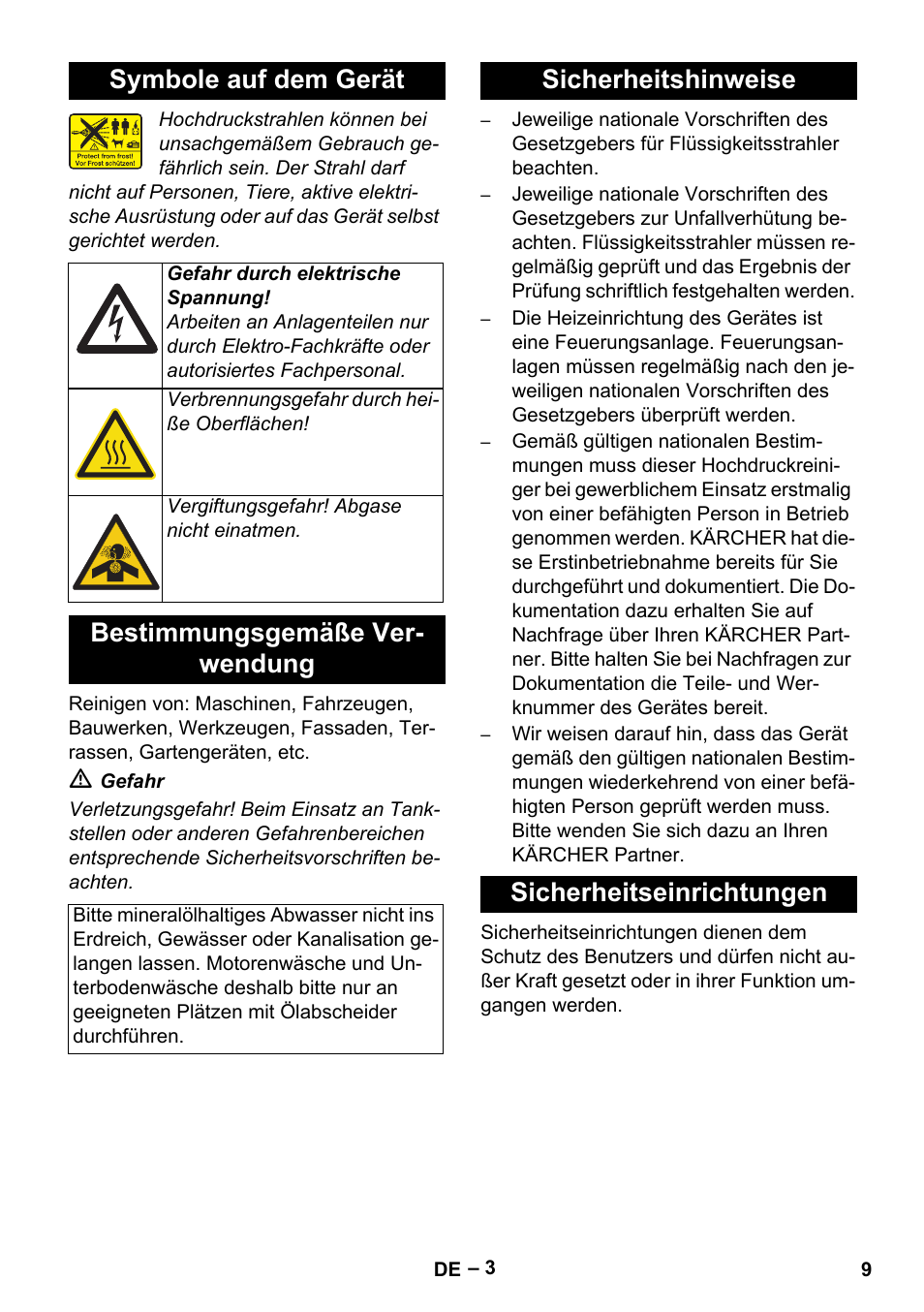 Symbole auf dem gerät, Bestimmungsgemäße ver- wendung, Sicherheitshinweise sicherheitseinrichtungen | Karcher Nettoyeur haute pression HDS 8-18-4 C Classic User Manual | Page 9 / 460