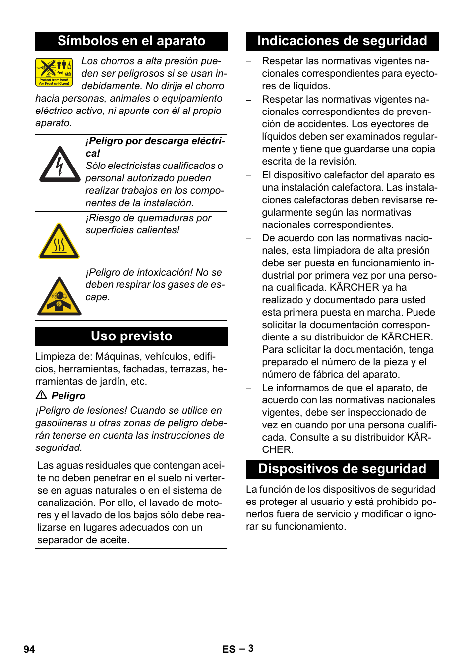 Símbolos en el aparato, Uso previsto | Karcher Nettoyeur haute pression HDS 8-18-4 C Classic User Manual | Page 94 / 460