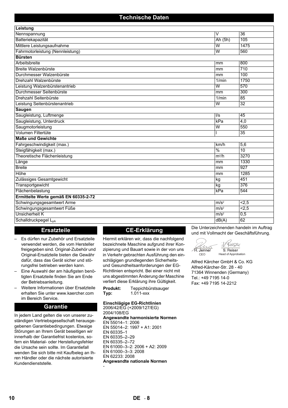 Technische daten, Ersatzteile garantie ce-erklärung | Karcher Aspiro-brosseur CV 85-2 RS User Manual | Page 10 / 228