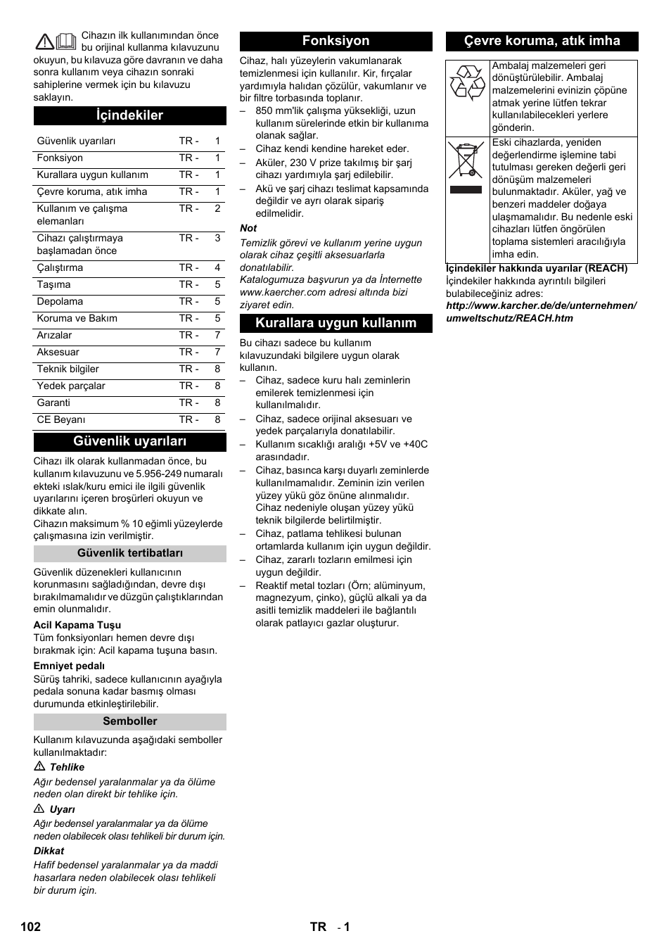 Içindekiler, Güvenlik uyarıları | Karcher Aspiro-brosseur CV 85-2 RS User Manual | Page 102 / 228