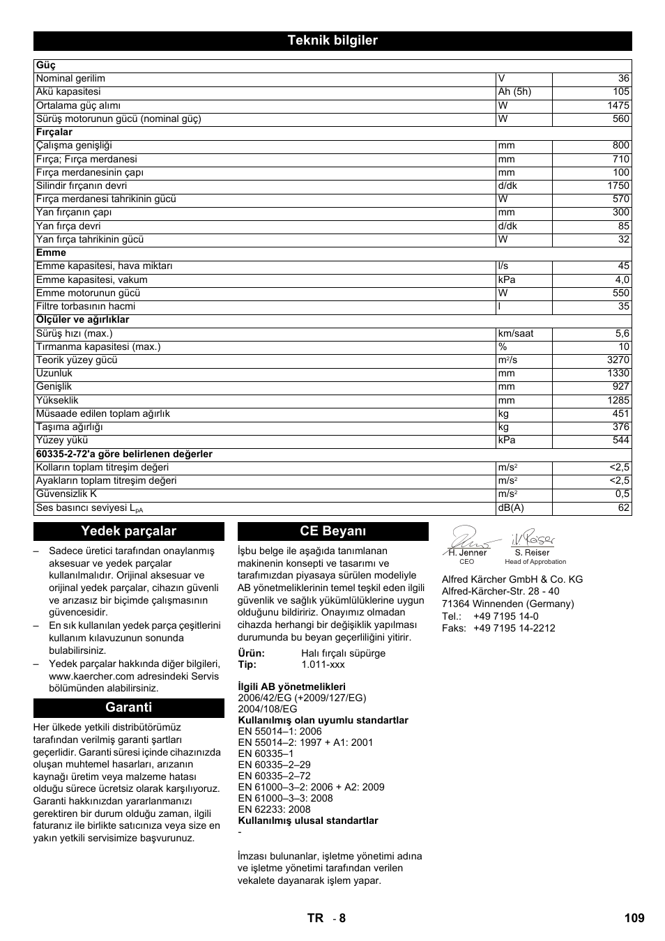 Teknik bilgiler, Yedek parçalar garanti ce beyanı | Karcher Aspiro-brosseur CV 85-2 RS User Manual | Page 109 / 228