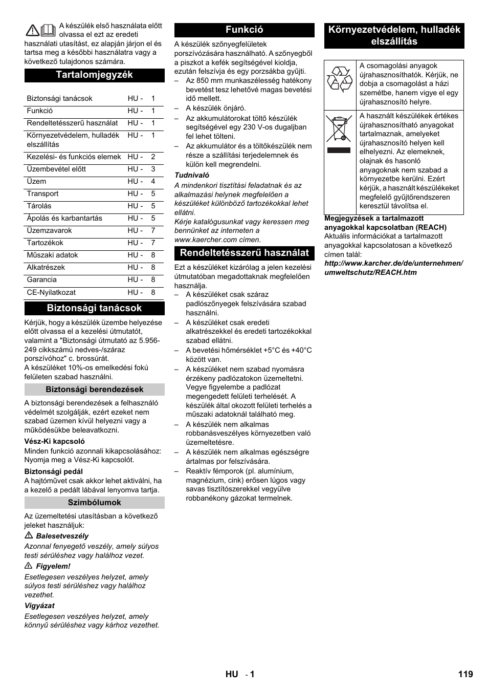 Tartalomjegyzék, Biztonsági tanácsok | Karcher Aspiro-brosseur CV 85-2 RS User Manual | Page 119 / 228