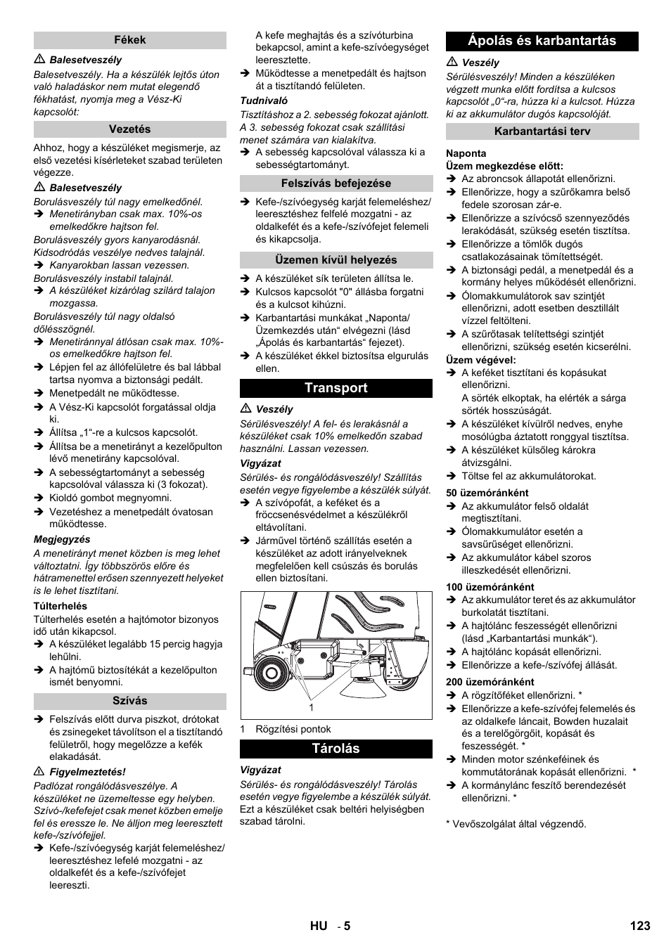 Transport tárolás ápolás és karbantartás | Karcher Aspiro-brosseur CV 85-2 RS User Manual | Page 123 / 228