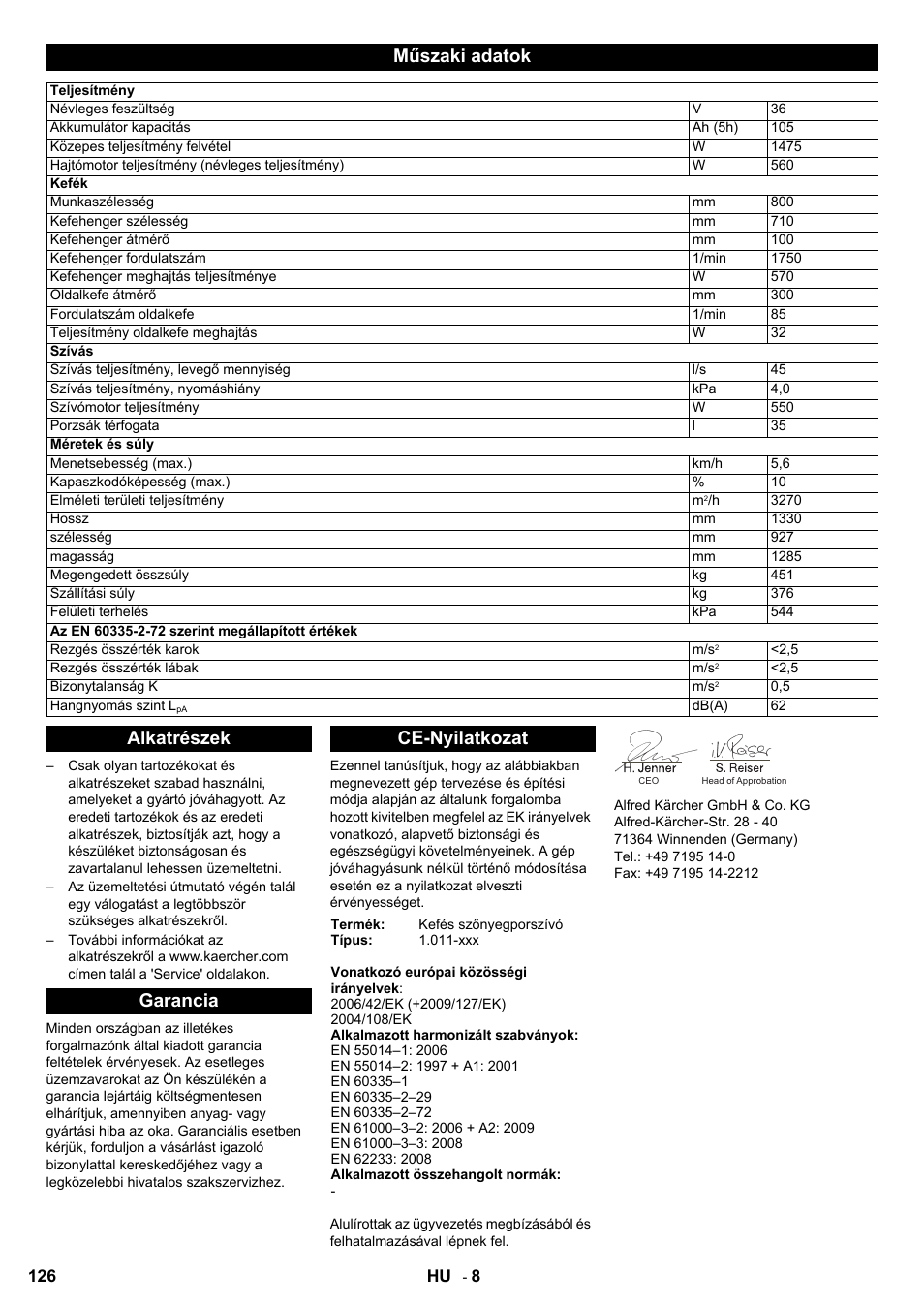 Műszaki adatok, Alkatrészek garancia ce-nyilatkozat | Karcher Aspiro-brosseur CV 85-2 RS User Manual | Page 126 / 228