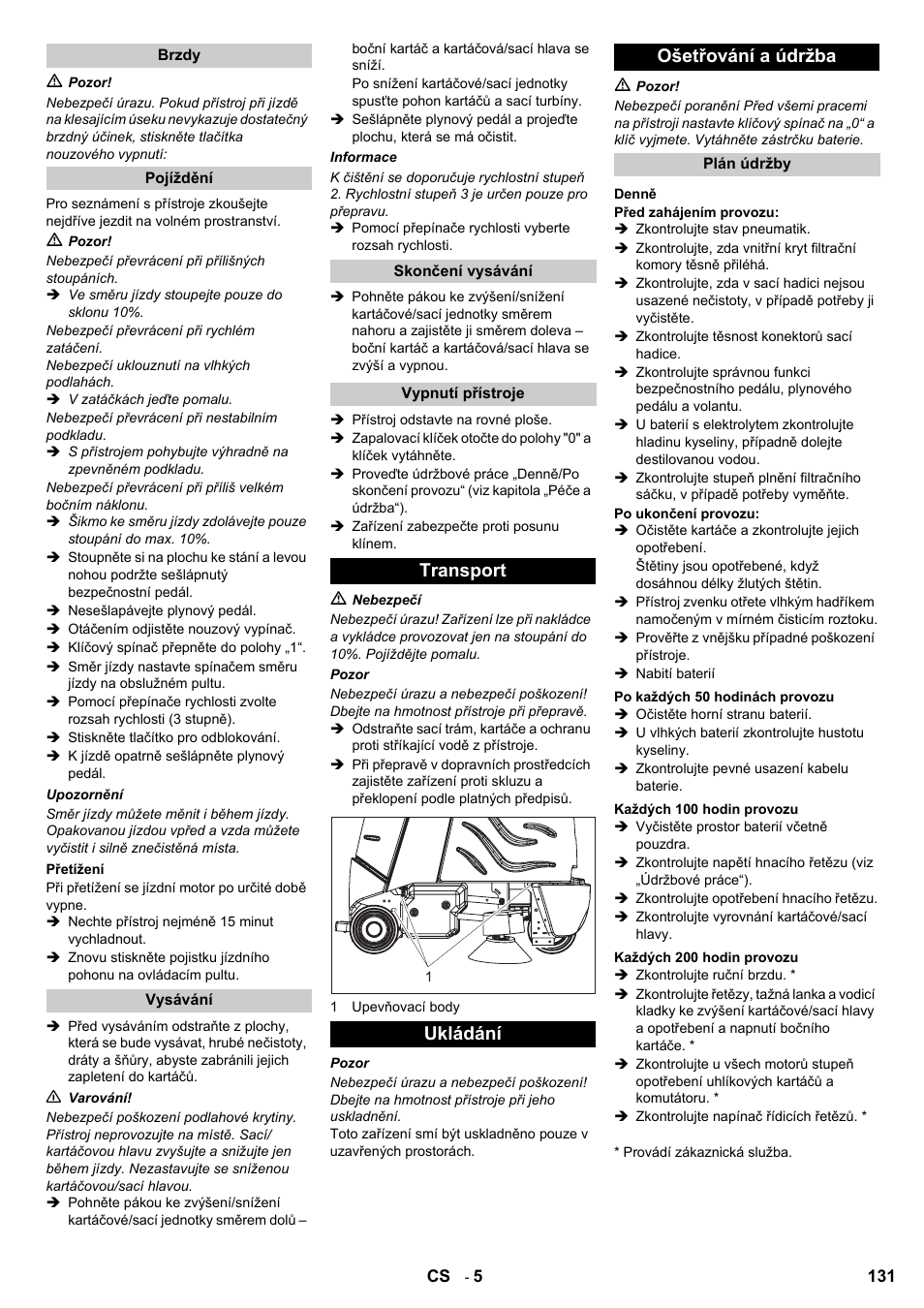 Transport ukládání ošetřování a údržba | Karcher Aspiro-brosseur CV 85-2 RS User Manual | Page 131 / 228