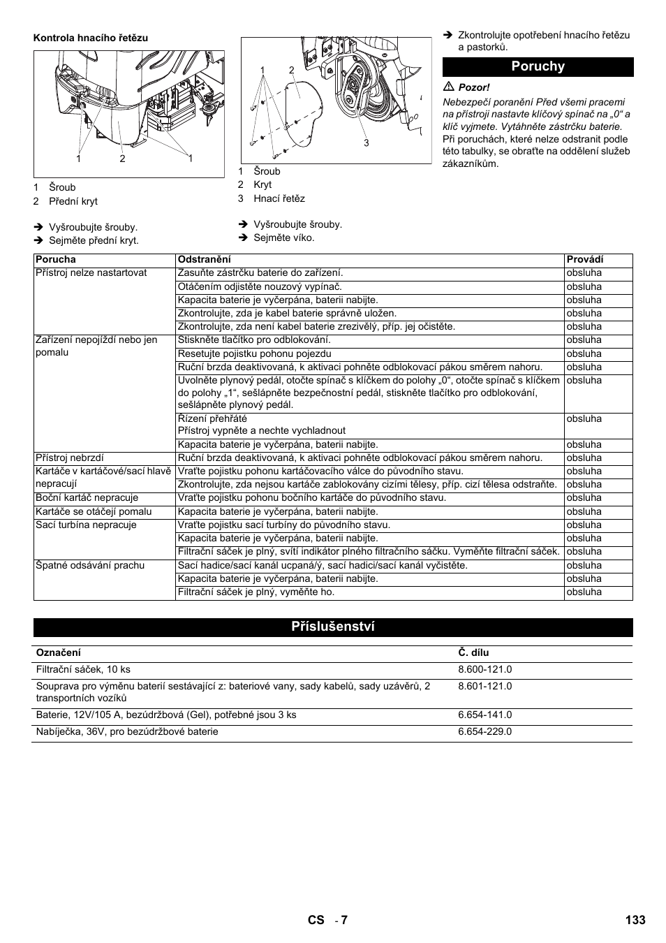 Poruchy, Příslušenství | Karcher Aspiro-brosseur CV 85-2 RS User Manual | Page 133 / 228