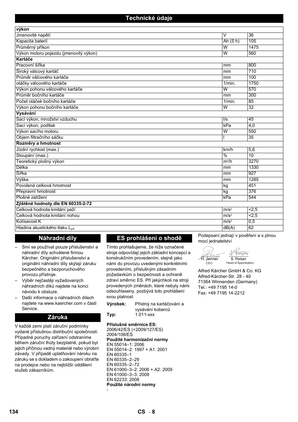 Technické údaje, Náhradní díly záruka es prohlášení o shodě | Karcher Aspiro-brosseur CV 85-2 RS User Manual | Page 134 / 228