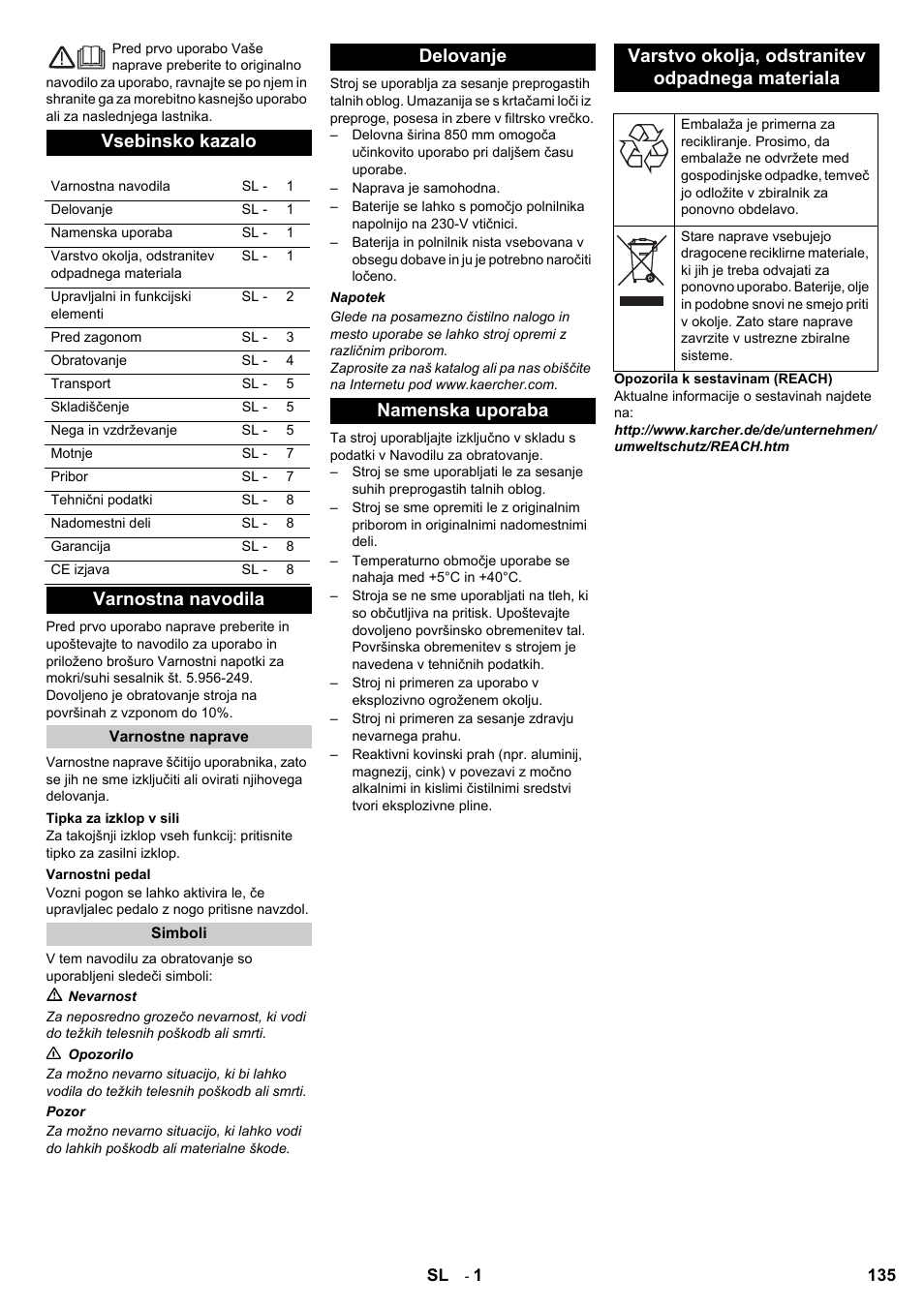 Vsebinsko kazalo, Varnostna navodila | Karcher Aspiro-brosseur CV 85-2 RS User Manual | Page 135 / 228