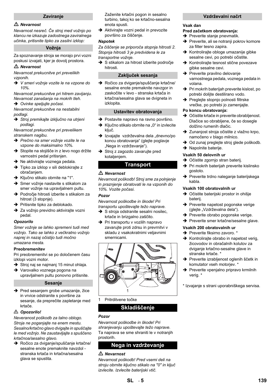 Transport skladiščenje nega in vzdrževanje | Karcher Aspiro-brosseur CV 85-2 RS User Manual | Page 139 / 228