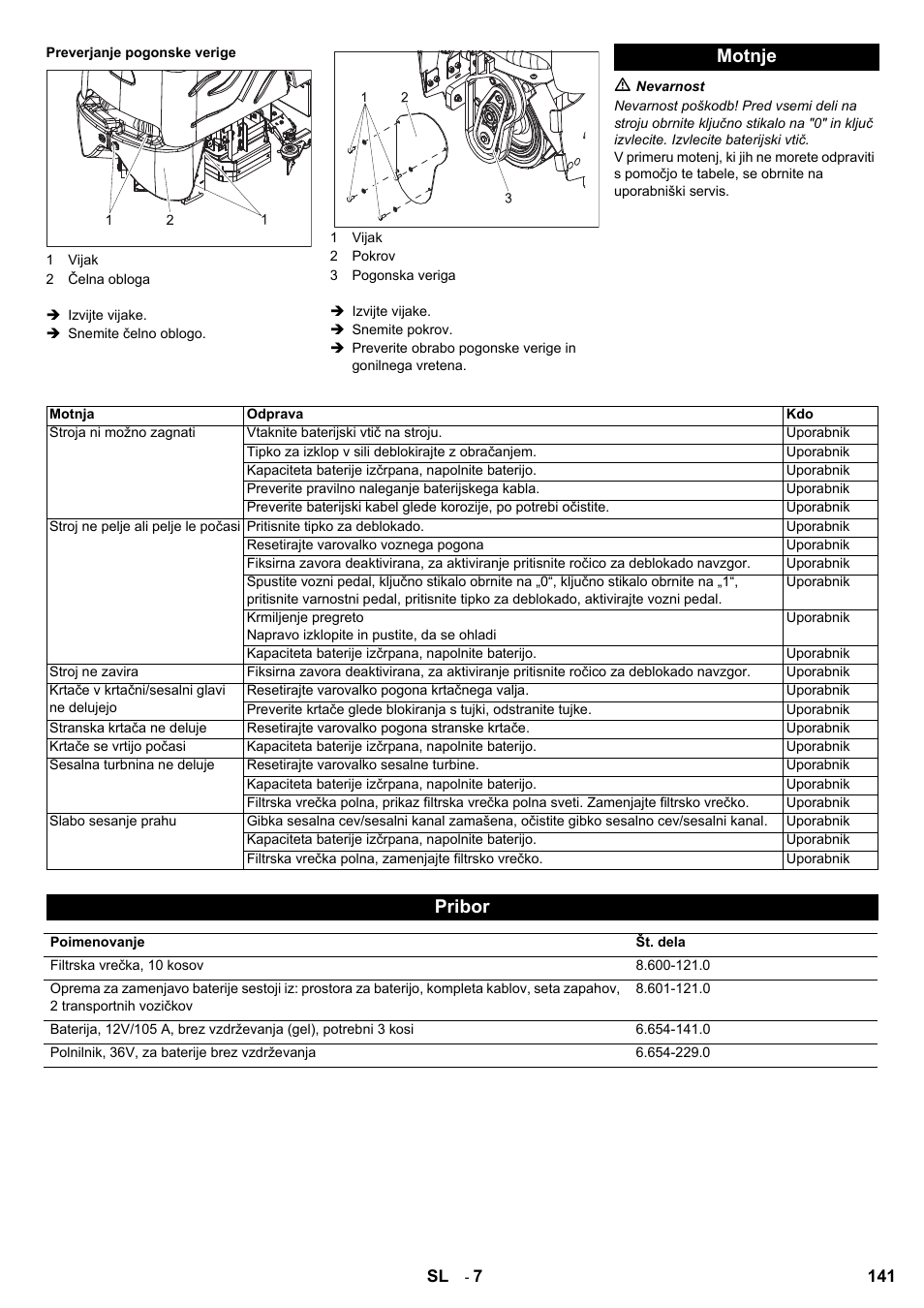 Motnje, Pribor | Karcher Aspiro-brosseur CV 85-2 RS User Manual | Page 141 / 228