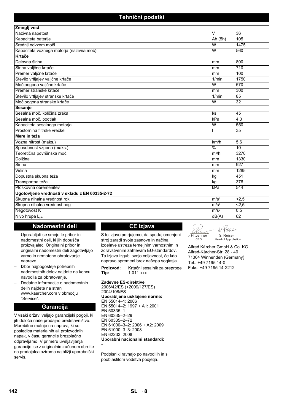 Tehnični podatki, Nadomestni deli garancija ce izjava | Karcher Aspiro-brosseur CV 85-2 RS User Manual | Page 142 / 228