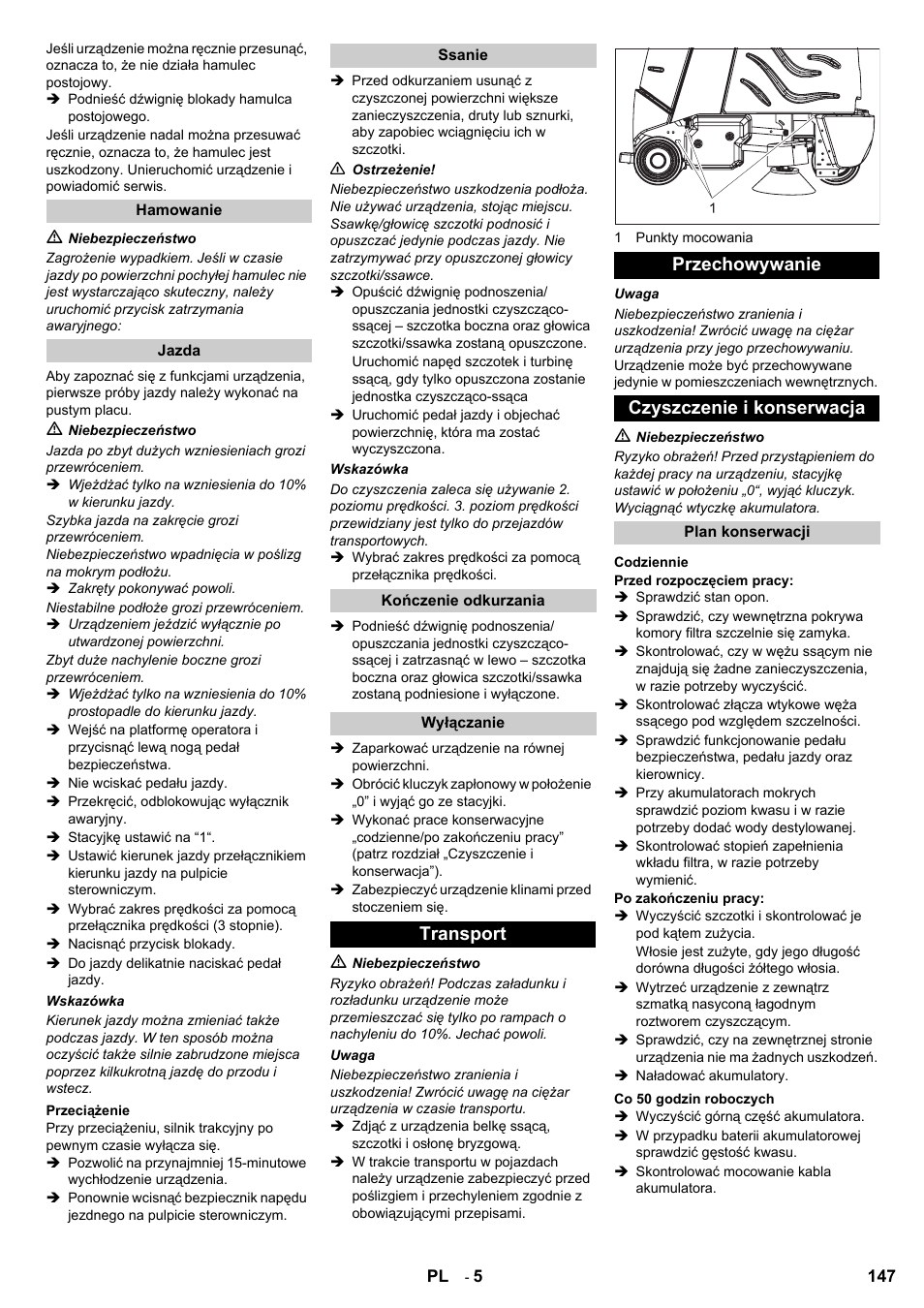 Transport przechowywanie czyszczenie i konserwacja | Karcher Aspiro-brosseur CV 85-2 RS User Manual | Page 147 / 228