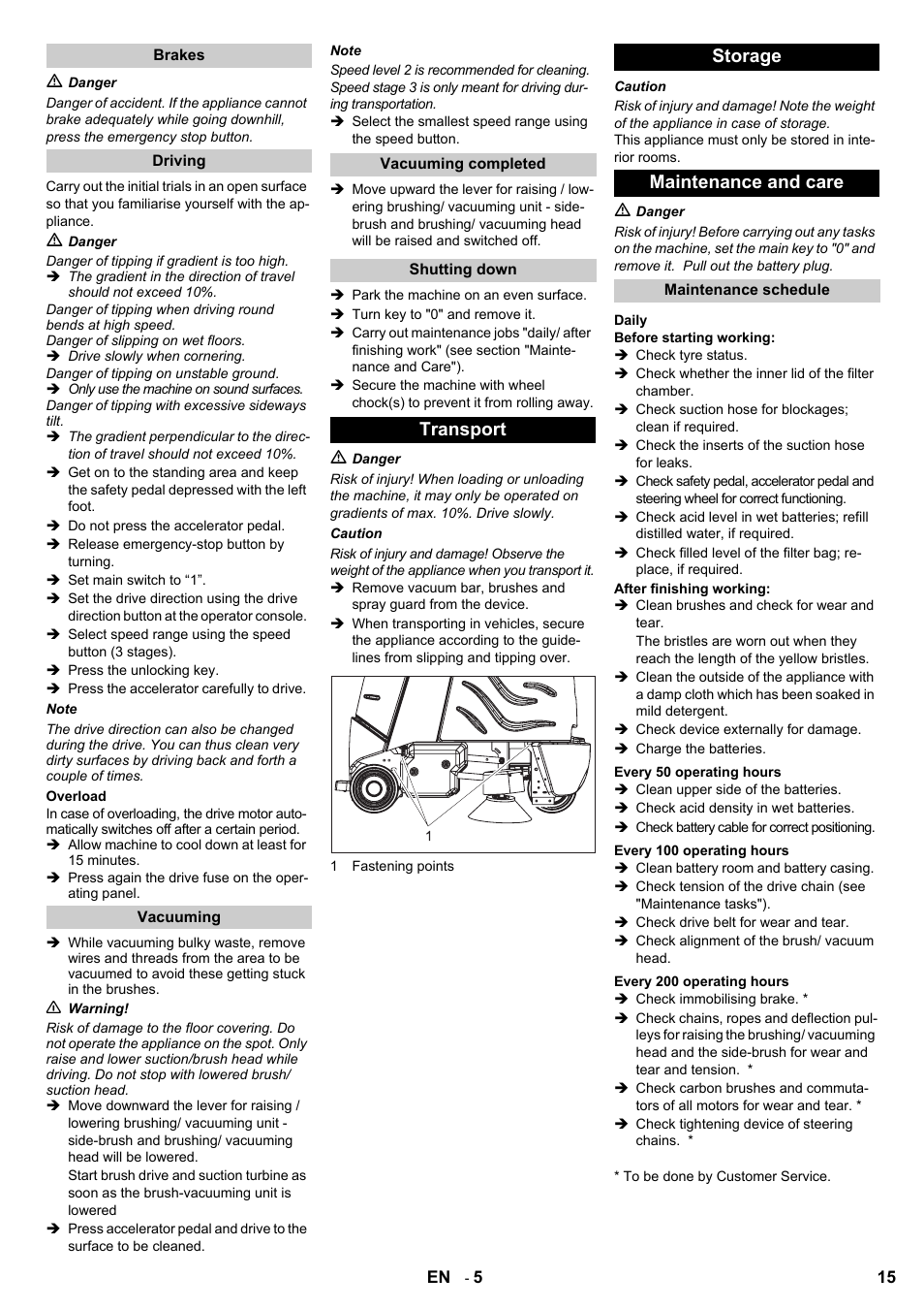 Transport storage maintenance and care | Karcher Aspiro-brosseur CV 85-2 RS User Manual | Page 15 / 228