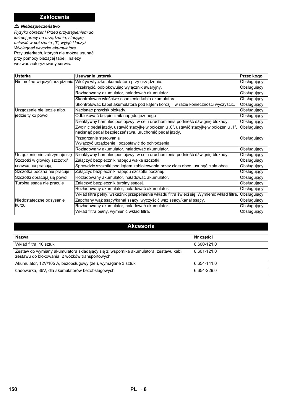 Zakłócenia, Akcesoria | Karcher Aspiro-brosseur CV 85-2 RS User Manual | Page 150 / 228