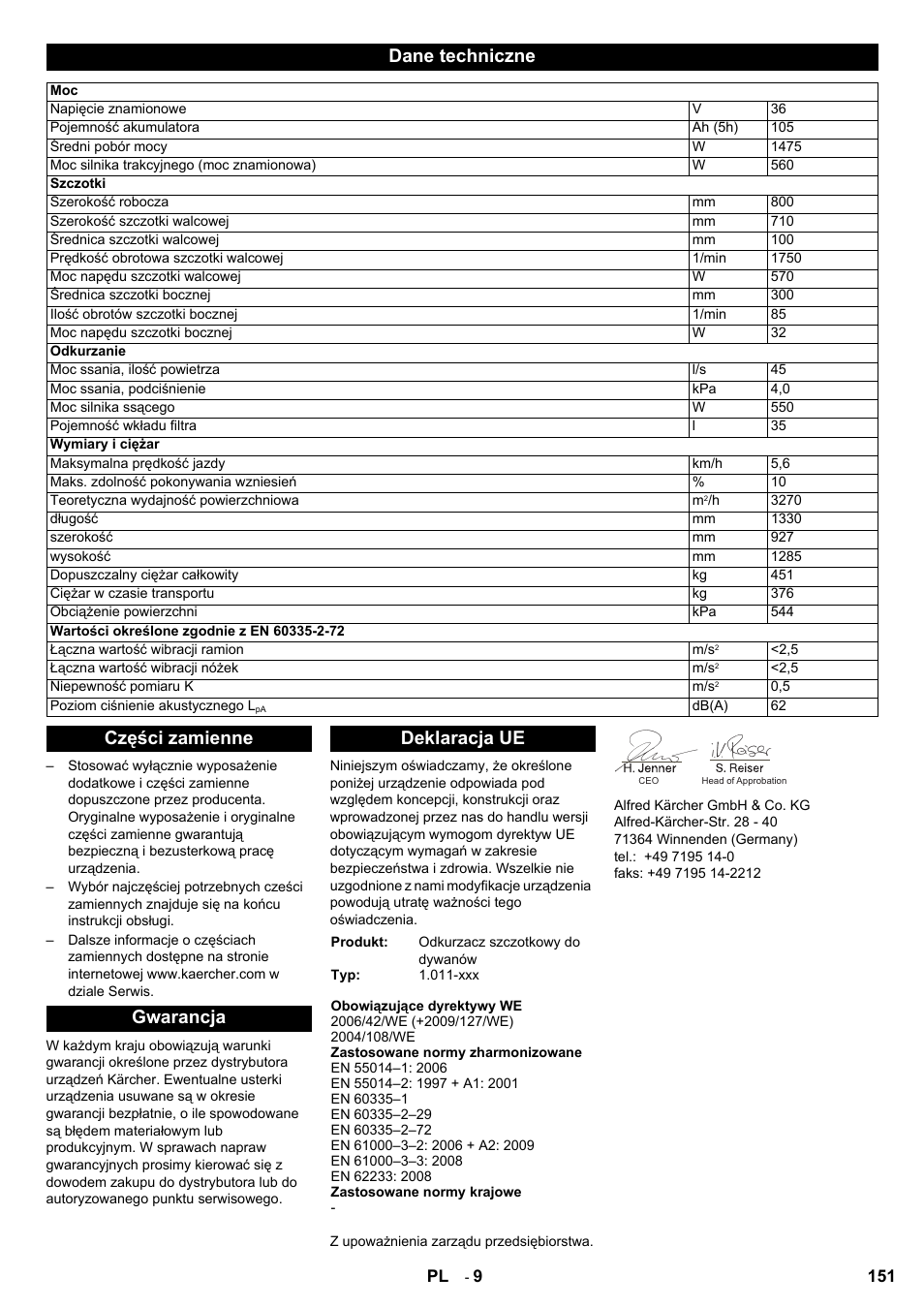 Dane techniczne, Części zamienne gwarancja deklaracja ue | Karcher Aspiro-brosseur CV 85-2 RS User Manual | Page 151 / 228