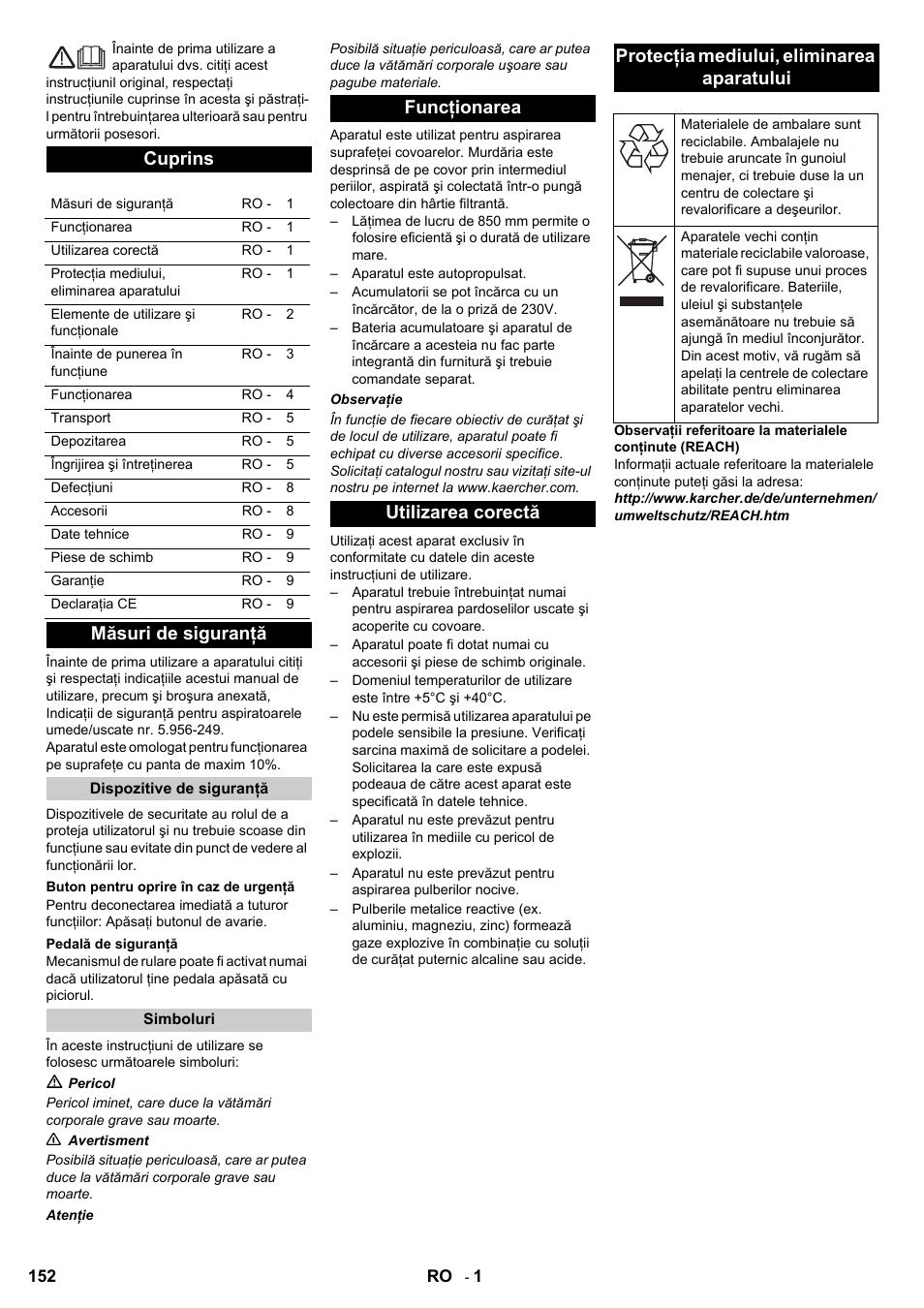 Cuprins, Măsuri de siguranţă | Karcher Aspiro-brosseur CV 85-2 RS User Manual | Page 152 / 228