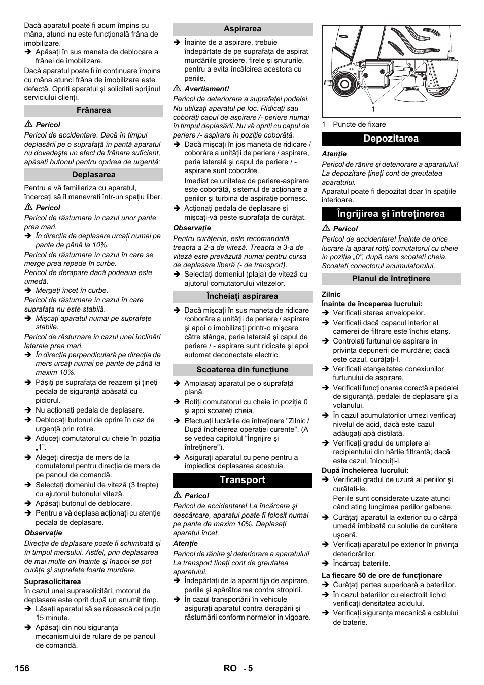 Transport depozitarea îngrijirea şi întreţinerea | Karcher Aspiro-brosseur CV 85-2 RS User Manual | Page 156 / 228