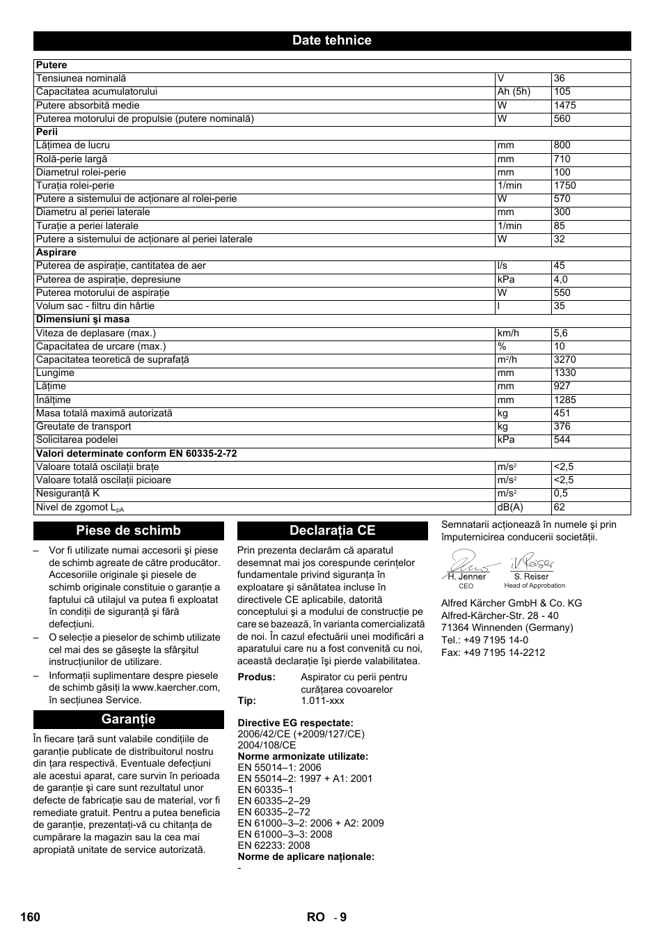 Date tehnice, Piese de schimb garanţie declaraţia ce | Karcher Aspiro-brosseur CV 85-2 RS User Manual | Page 160 / 228