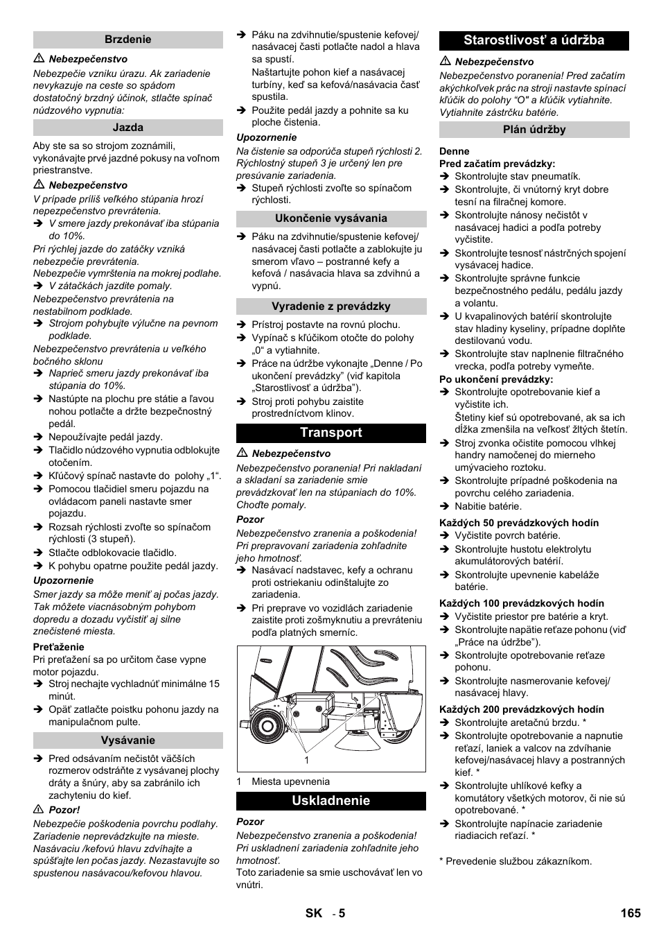 Transport uskladnenie starostlivosť a údržba | Karcher Aspiro-brosseur CV 85-2 RS User Manual | Page 165 / 228