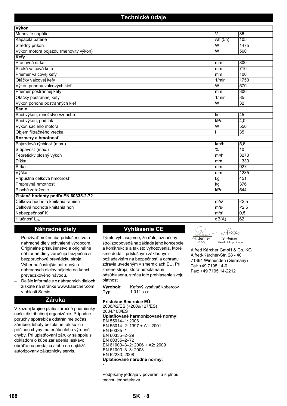 Technické údaje, Náhradné diely záruka vyhlásenie ce | Karcher Aspiro-brosseur CV 85-2 RS User Manual | Page 168 / 228