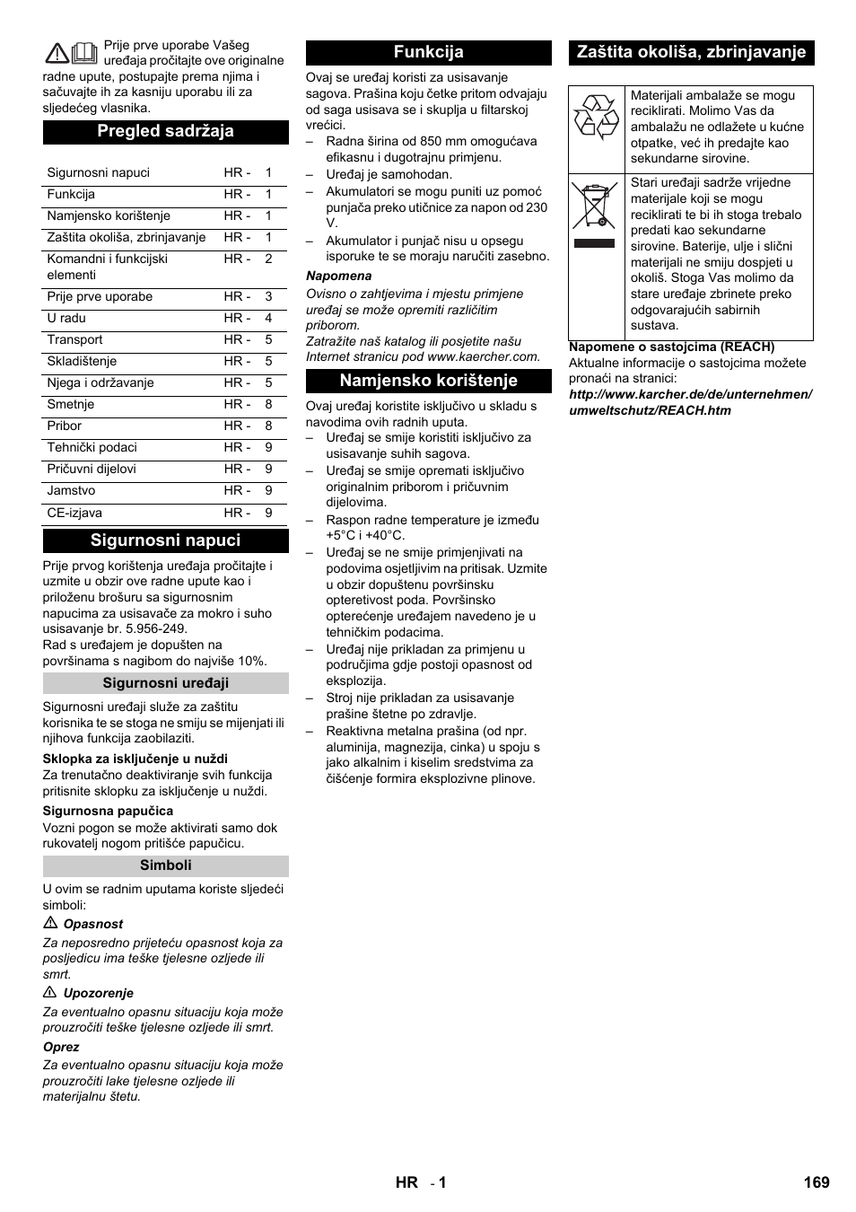 Pregled sadržaja, Sigurnosni napuci | Karcher Aspiro-brosseur CV 85-2 RS User Manual | Page 169 / 228