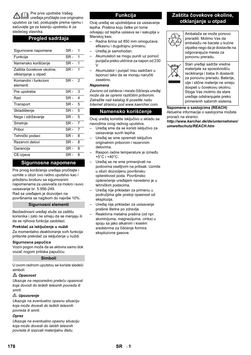 Pregled sadržaja, Sigurnosne napomene | Karcher Aspiro-brosseur CV 85-2 RS User Manual | Page 178 / 228