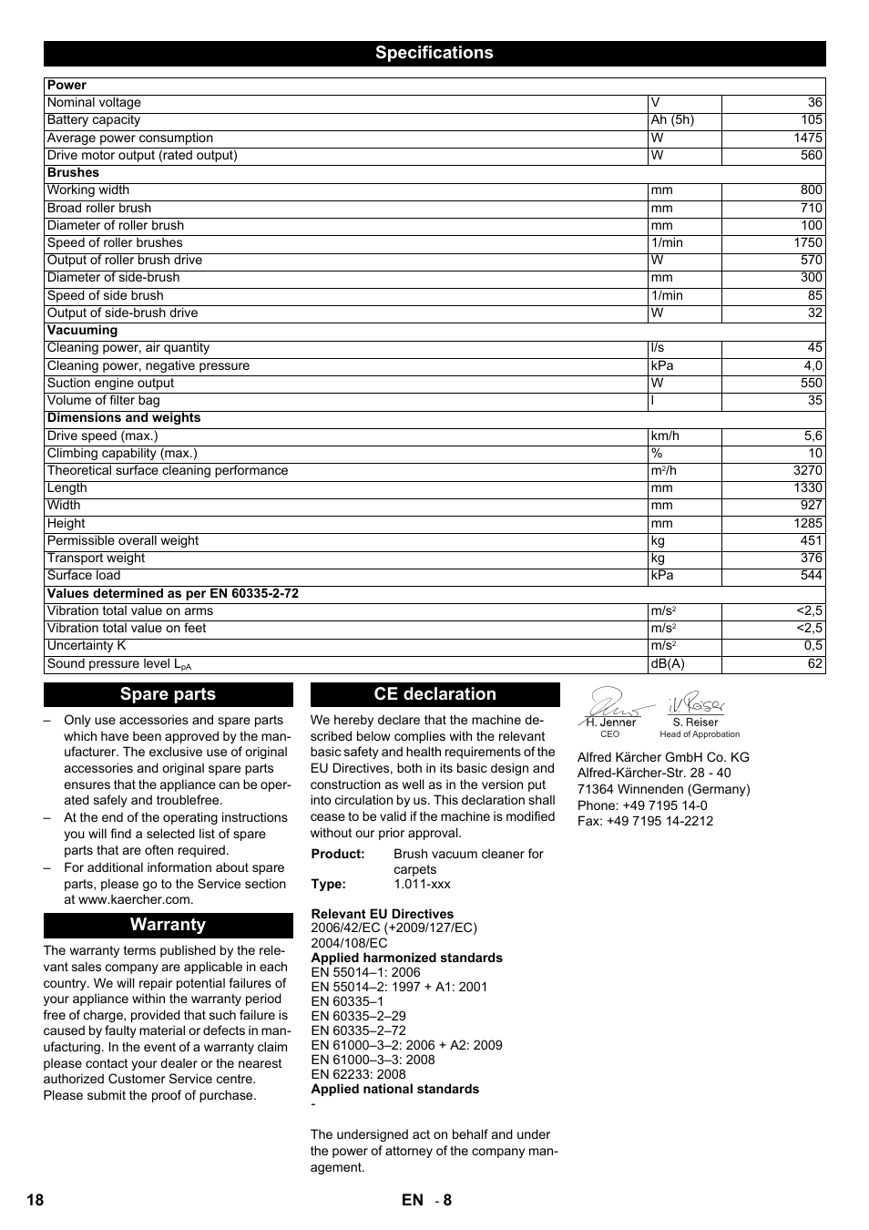 Specifications, Spare parts warranty ce declaration | Karcher Aspiro-brosseur CV 85-2 RS User Manual | Page 18 / 228