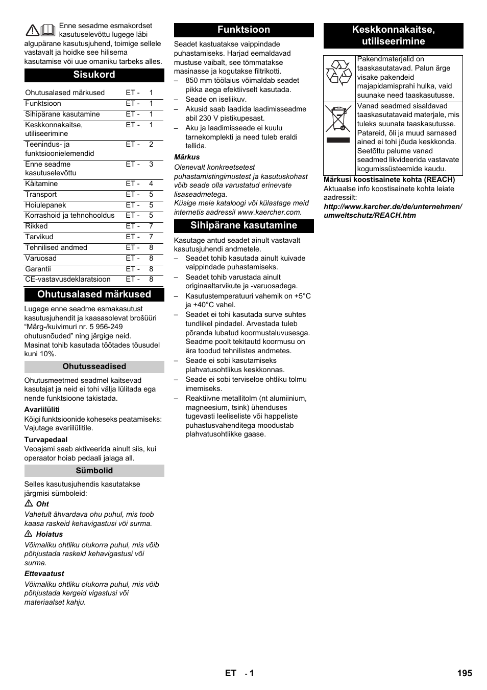 Sisukord, Ohutusalased märkused | Karcher Aspiro-brosseur CV 85-2 RS User Manual | Page 195 / 228