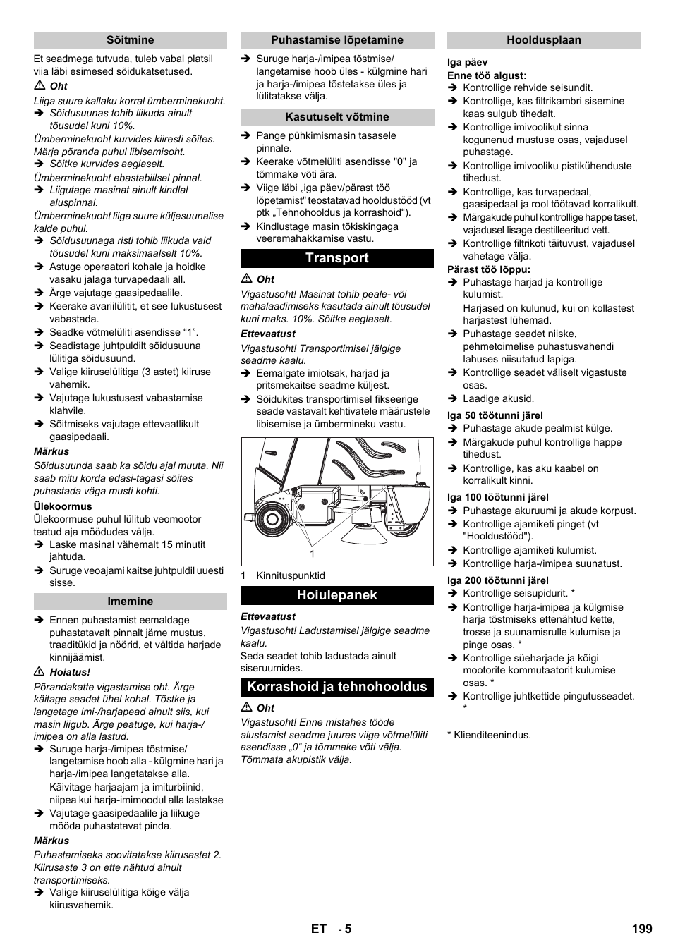 Transport hoiulepanek korrashoid ja tehnohooldus | Karcher Aspiro-brosseur CV 85-2 RS User Manual | Page 199 / 228