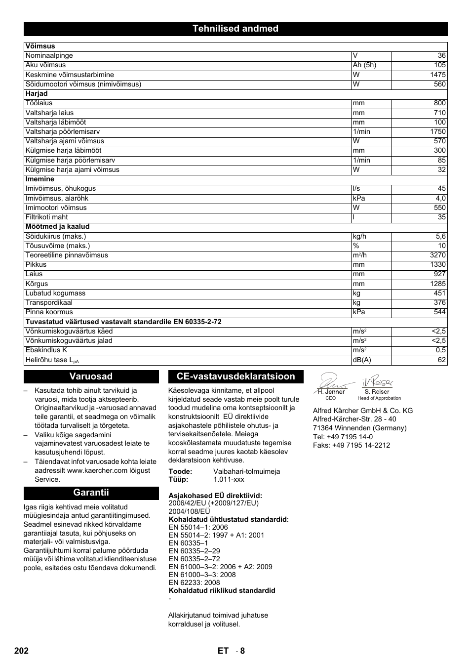 Tehnilised andmed, Varuosad garantii ce-vastavusdeklaratsioon | Karcher Aspiro-brosseur CV 85-2 RS User Manual | Page 202 / 228